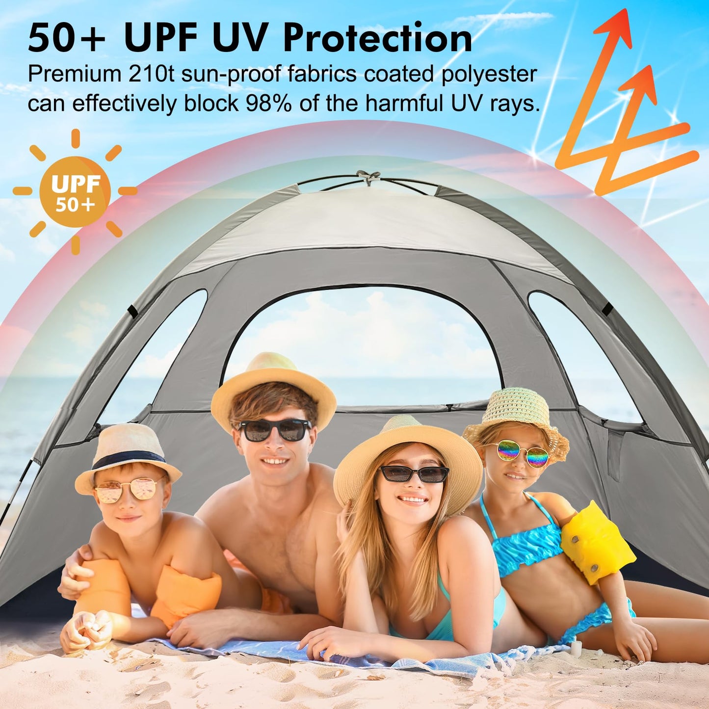 WhiteFang Beach Tent Anti-UV Portable Sun Shade Shelter for 4 Person, Extendable Floor with 3 Ventilating Mesh Windows Plus Carrying Bag, Stakes and Guy Lines (Baby's Breath)