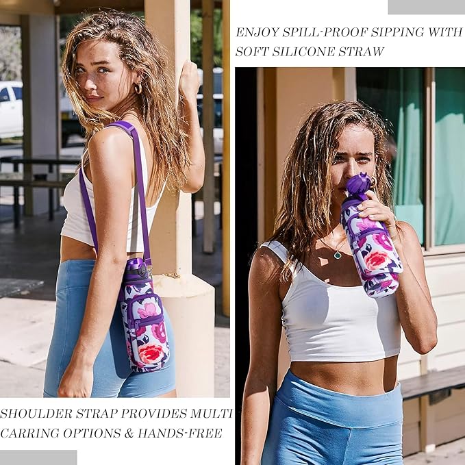 Fimibuke 32 oz Water Bottle with Sleeve - BPA Free Leakproof Sport Large 1L Plastic Motivational Water Bottle with Straw Strap & Insulated Neoprene Holder Carrier Bag Great Xmas Gift for Women Men