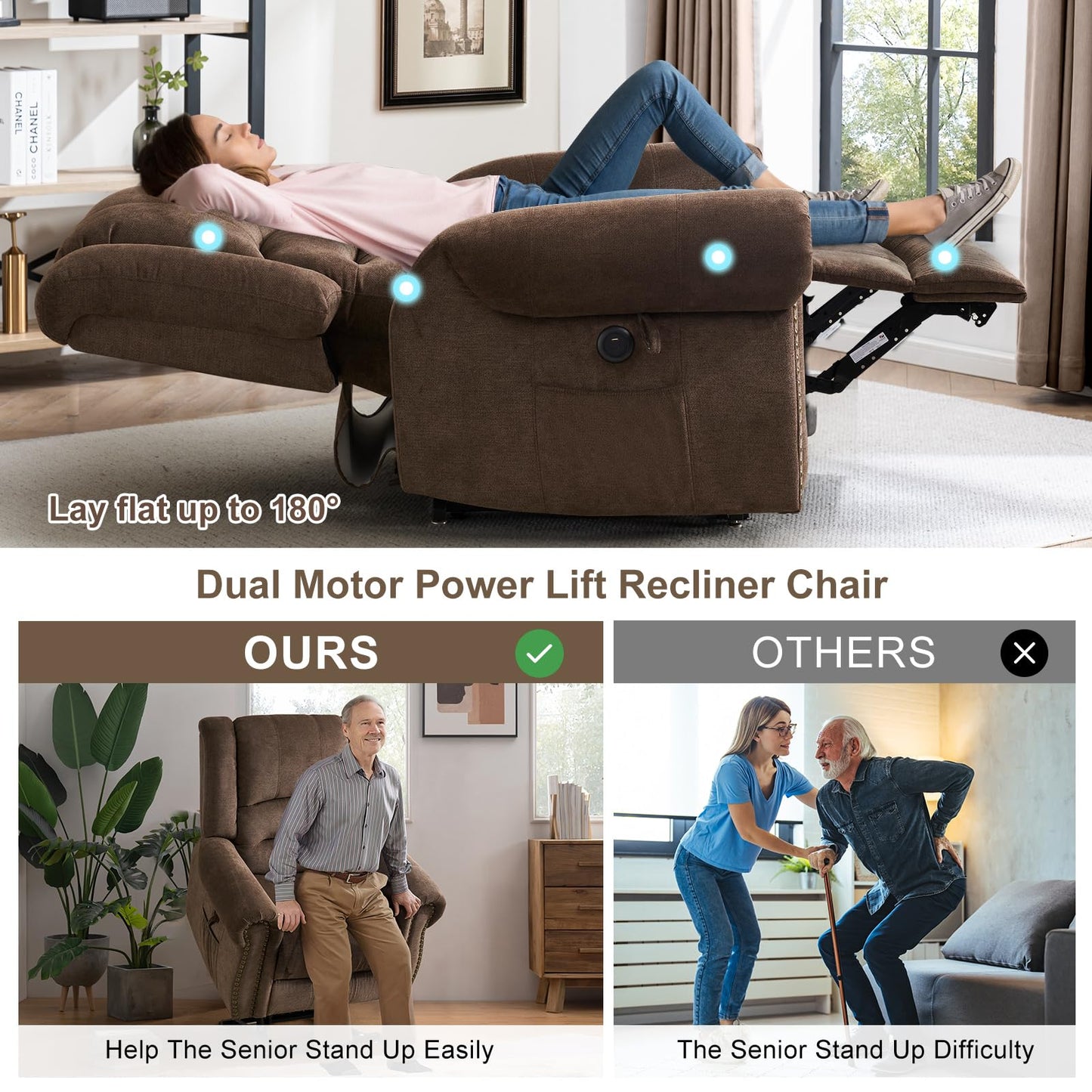 CDCASA Dual Motor Lay Flat Lift Chairs Recliners for Elderly with Massage and Heat, Upgraded Chenille Infinite Position Large Sleeping Electric Power Lift Chair Recliner for Seniors, Set of 2,Brown