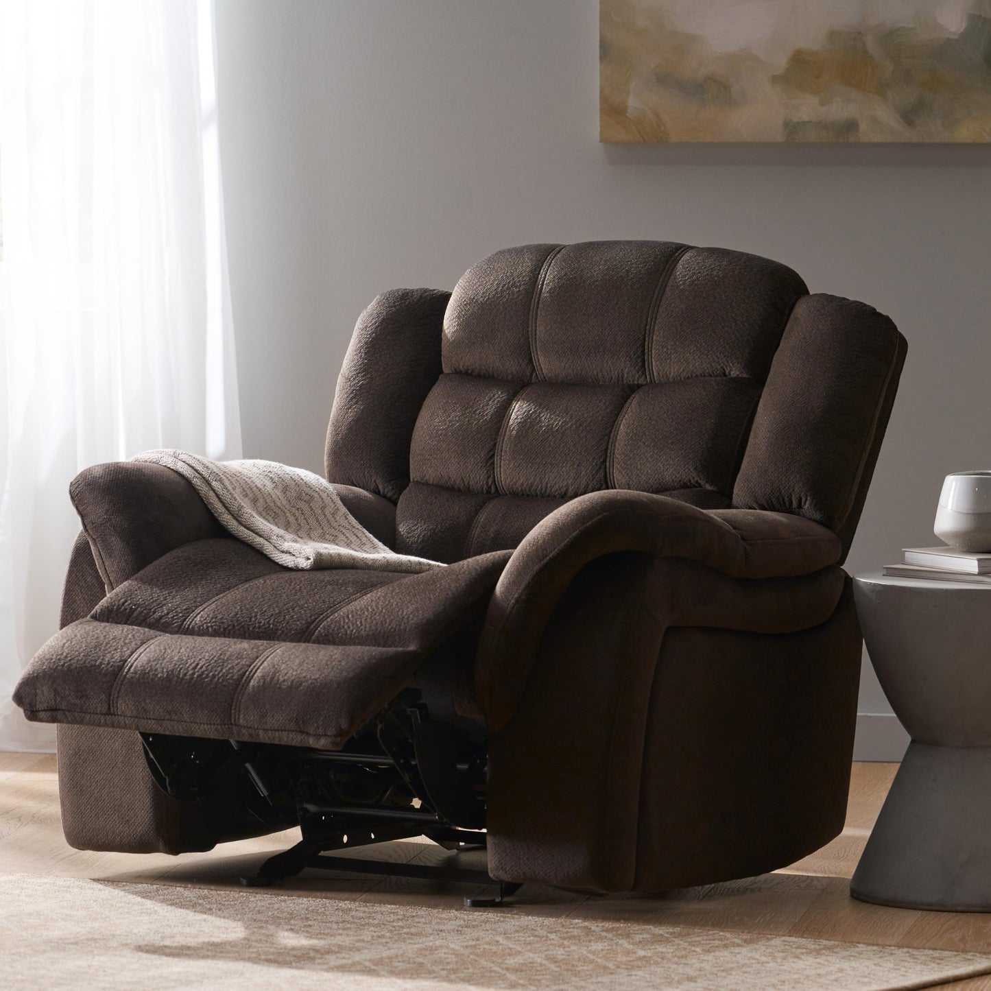 Oversized Recliner Chair, Glider Recliner Nursery Chair, Manual Recliner Chairs for Adults, Brown Fabric Recliner Sofa with Retractable Footrest & Tufted Design, Large Recliner Chair for Bedroom