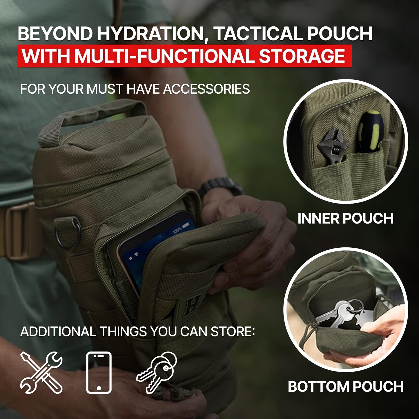 Orca Tactical Molle Water Bottle Pouch - Molle Water Bottle Holder with Strap - Water Bottle Carrier with Multiple Storage Options (OD Green)
