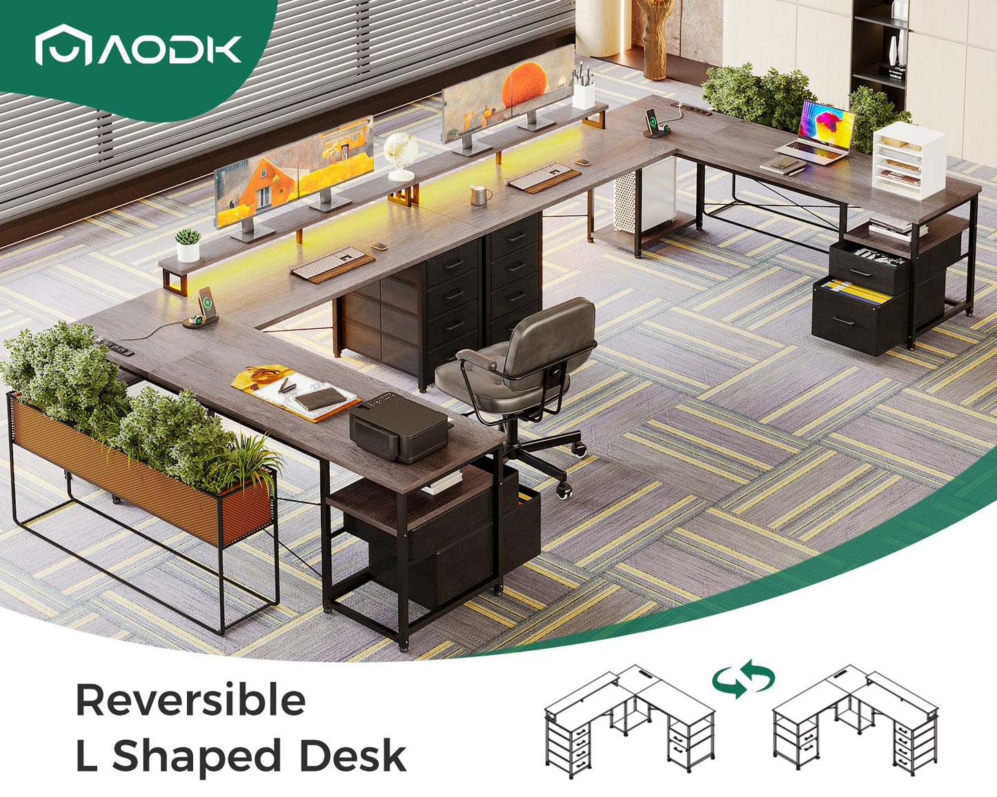 AODK 66" L Shaped Desk, 113" Computer Desk with File Cabinet & 4 Fabric Drawers, Home Office Desk with Monitor Shelf & Power Outlet, Two Person Desk or Corner Desk, Gaming Table with LED Light, Grey