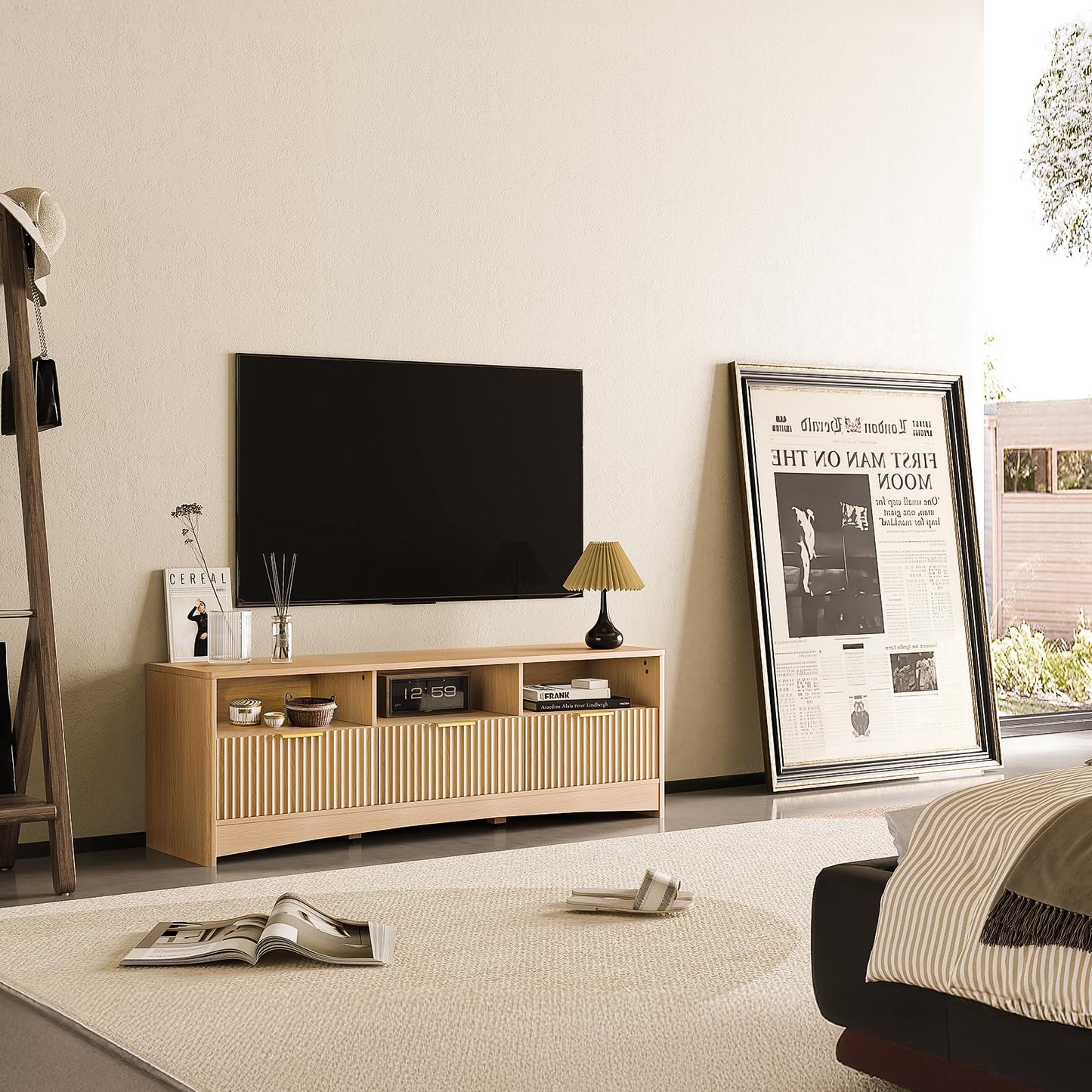 Amada TV Stand for 50-65" TV, Fluted Modern TV Stand Entertainment Center with Drawers and Open Shelf, Waveform Panel, Sleek Curved Profile Media TV Console Table for Living Room, Bedroom, Nature Oak