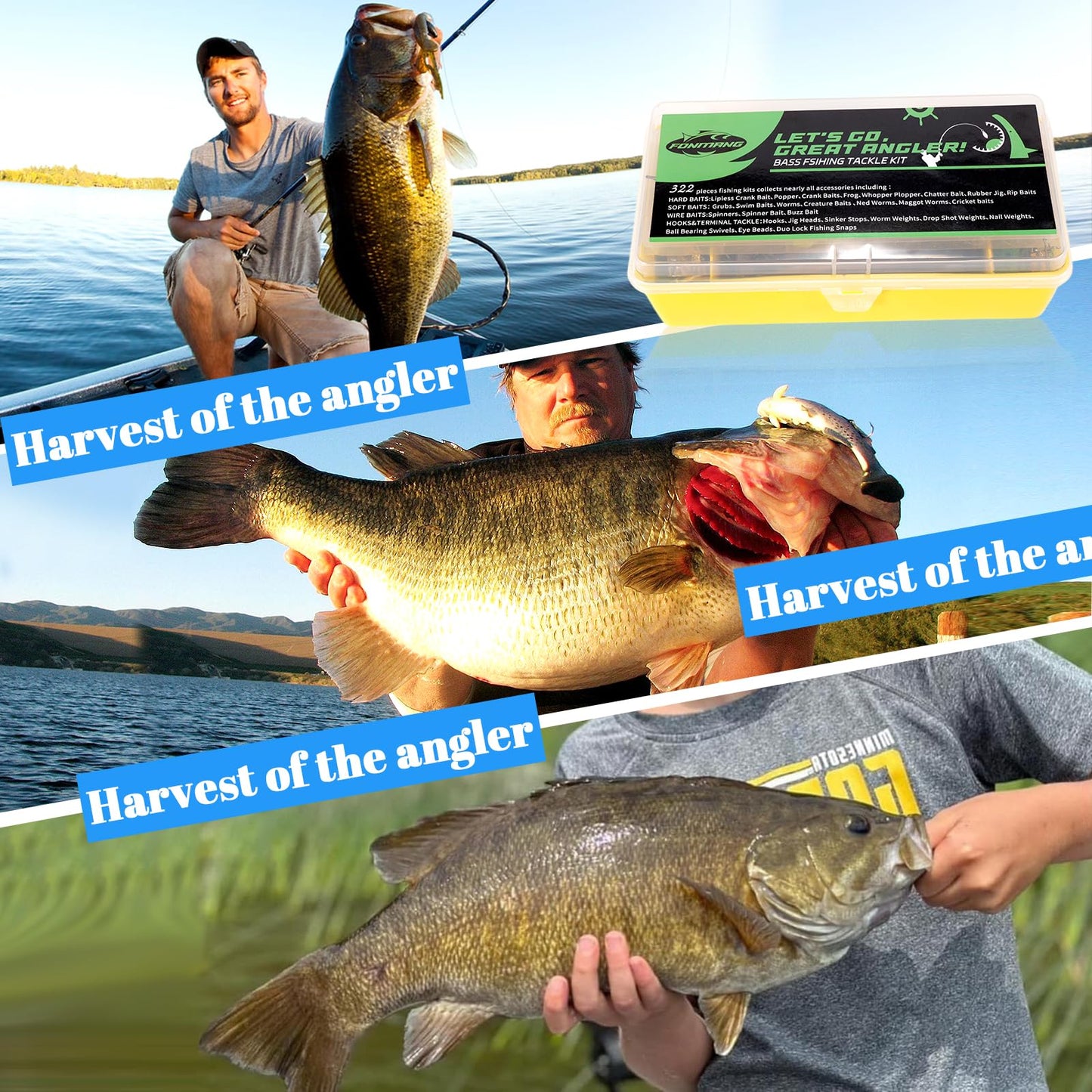 FONMANG 322-Piece Fishing Lures Kit - Buzz Bait/Spinner Baits/Jig/Frog, Fishing Tackle Box with Tackle Included, Soft Bait/Hooks/Weights, 2024 Fishing Gear Lure Kit Gift for Men Freshwater Bass Trout