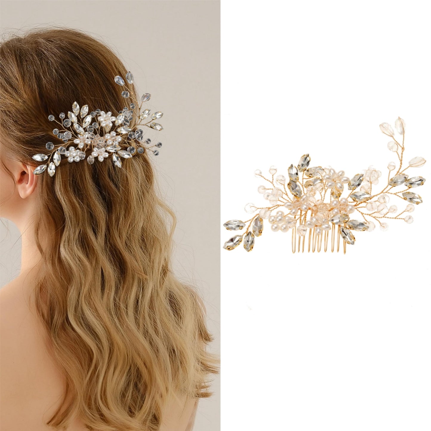 MirthCity Hair Comb, Bride Wedding Hair Piece with Pearl Flower Bead, Handmade Rhinestone Leaf Flower Girl Hair Accessories for Women, Gold