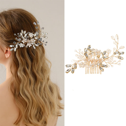 MirthCity Hair Comb, Bride Wedding Hair Piece with Pearl Flower Bead, Handmade Rhinestone Leaf Flower Girl Hair Accessories for Women, Gold