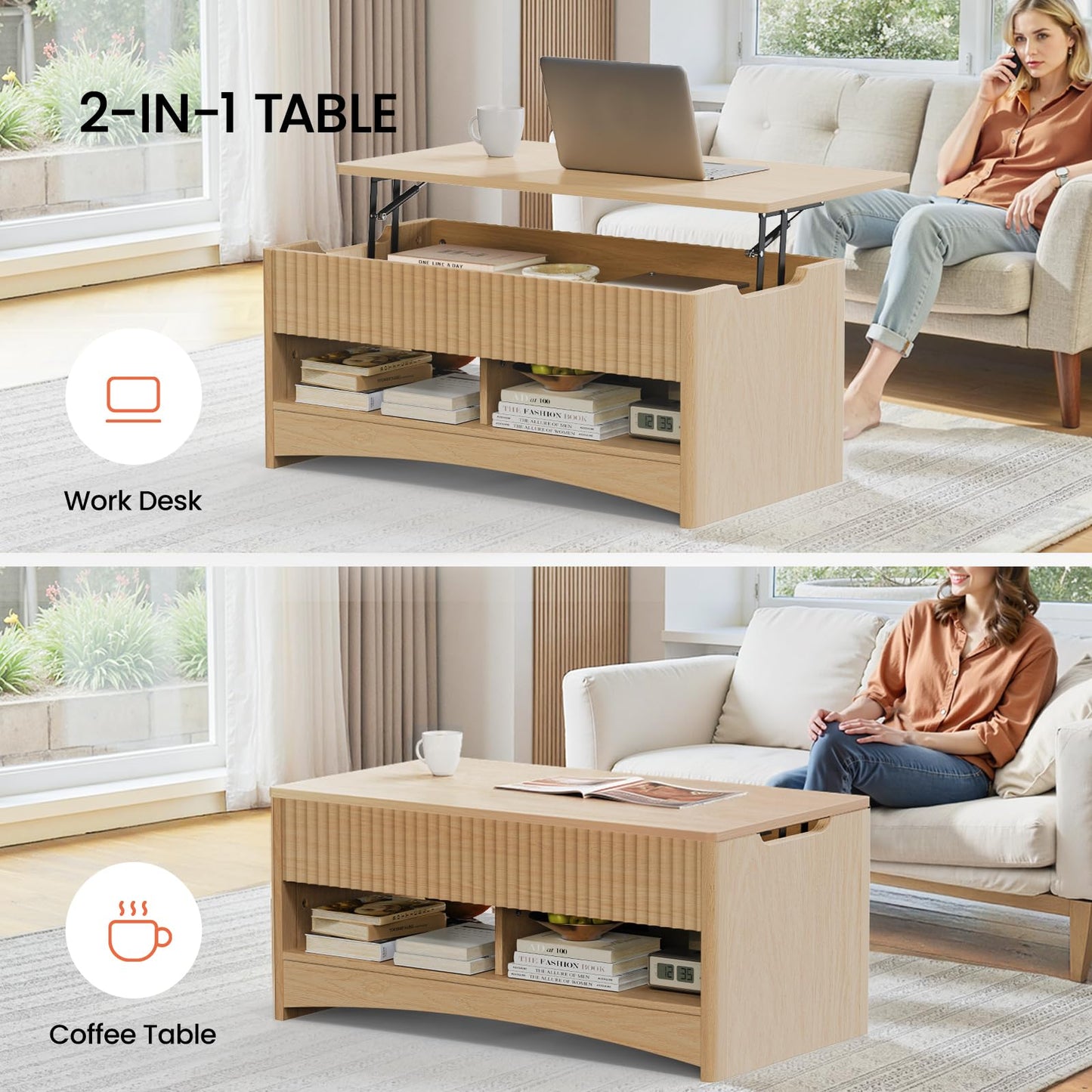 Amada Coffee Table Fluted Lift Top, 35.2" Wood Table with Storage Shelf & Hidden Compartment, Modern Rectangle Center Table for Living Room, Sturdy & Multi-Functional, Holds Up to 220LBS, Natural Oak