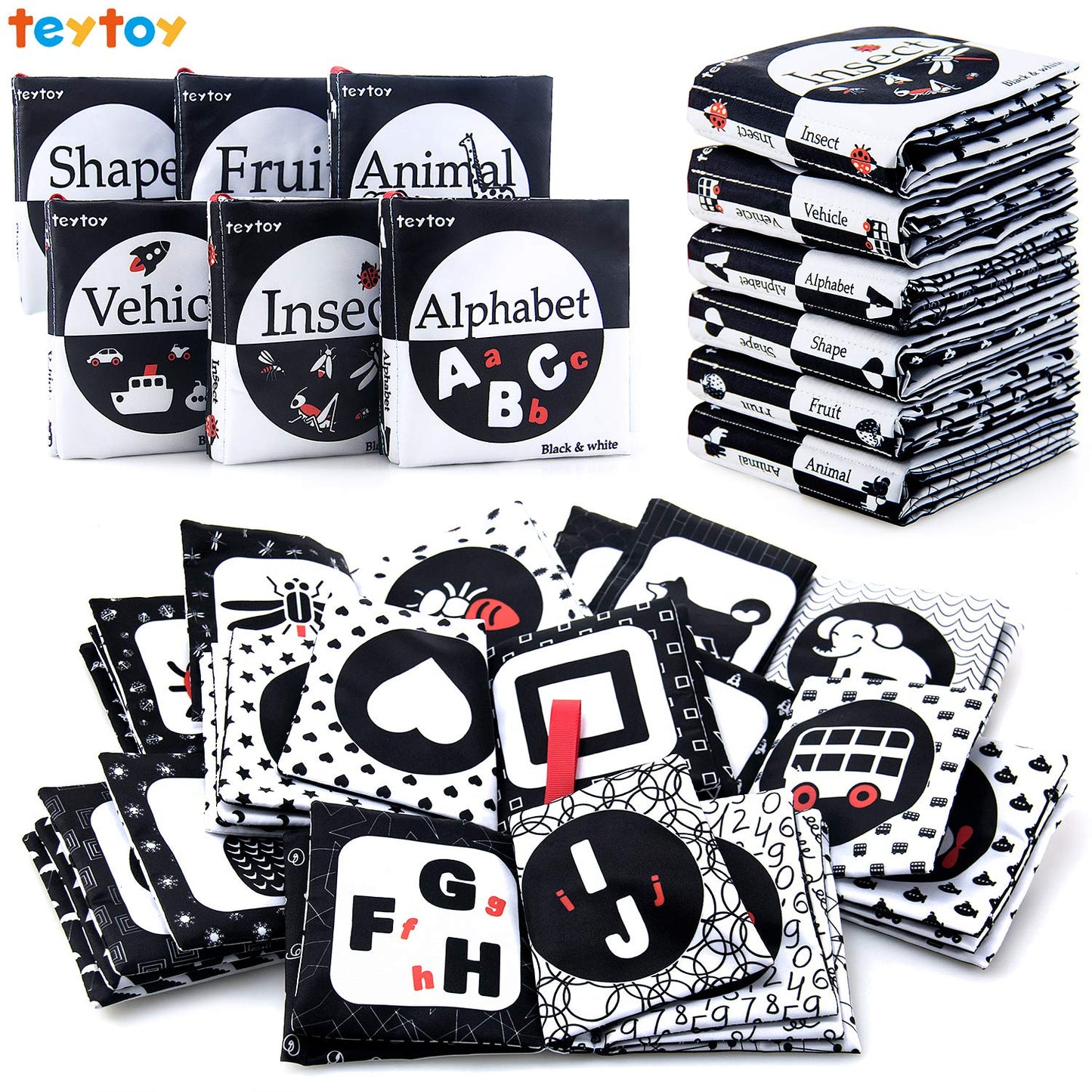 My First Soft Book,teytoy Nontoxic Fabric Baby Cloth Activity Crinkle Soft Black and White Book for Infants Boys and Girls Early Educational Toys Perfect for Baby Shower -Pack of 6