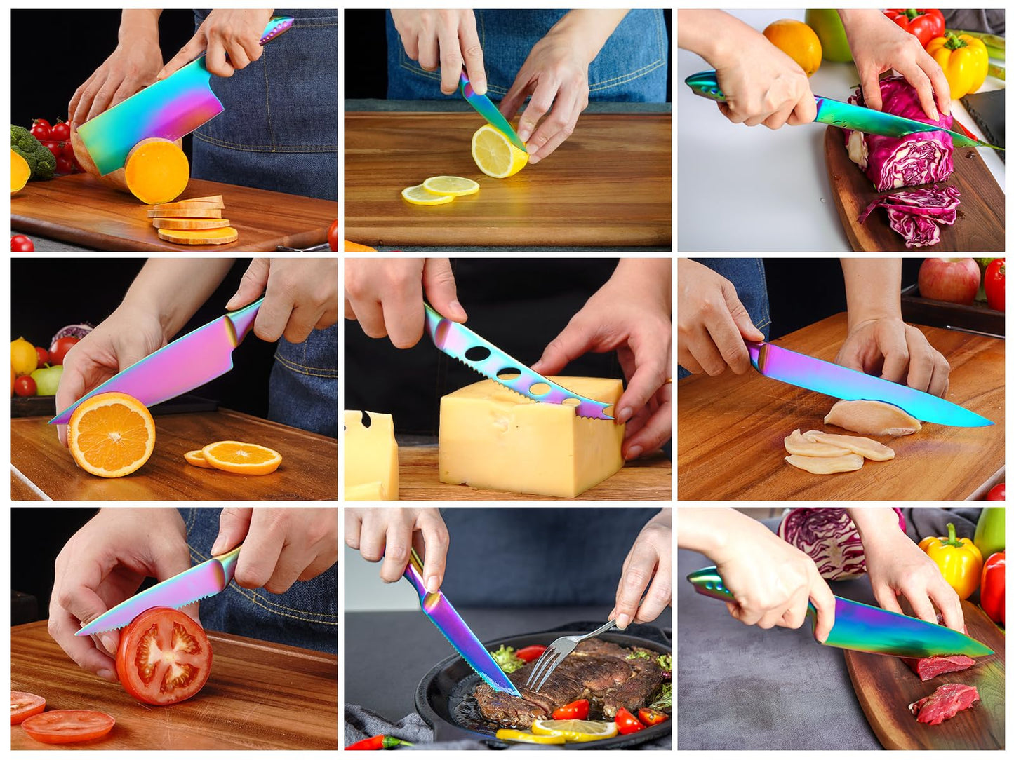 Rainbow Knife Block Set 27-Piece, Iridescent German Stainless Steel Kitchen Knives Set with Wooden Holder, Colorful Titanium Coating, Include Scissors and 2-Stage Built-in Sharpener and 8pcs Gadgets