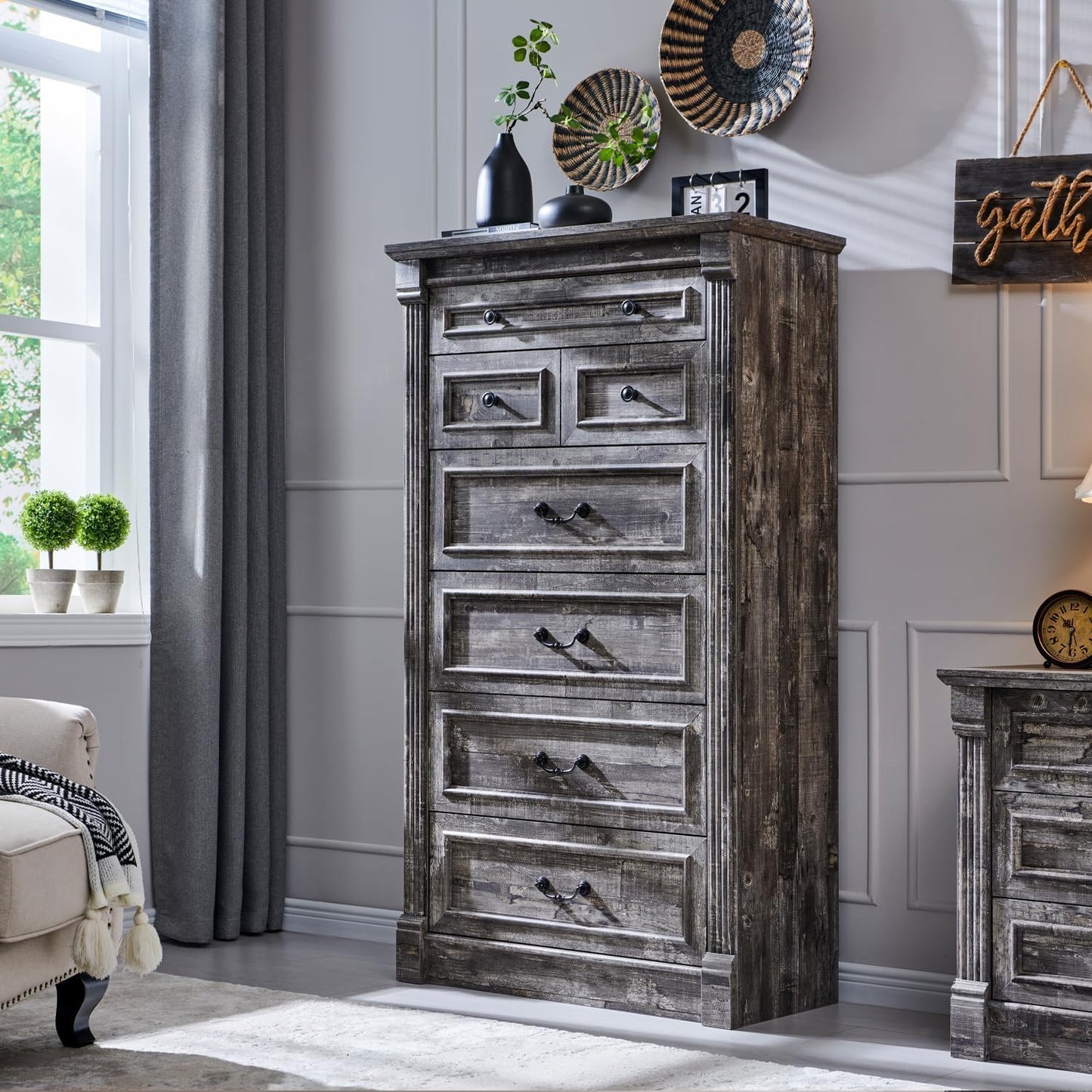 Aitjunz Farmhouse 7 Drawers Dresser for Bedroom, 57" Tall Large Dressers & Chests of Drawers w/Roman Column, Storage Dressers Organizer for Bedroom, Hallway, Living Room, Light Grey