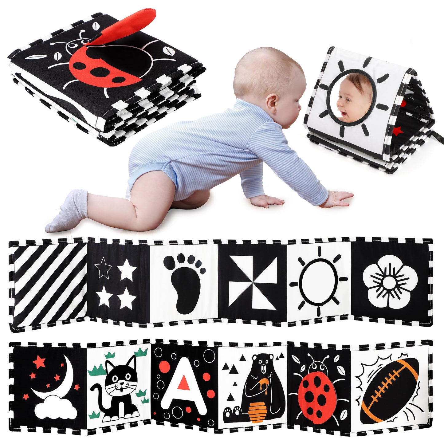 URMYWO Black and White Baby Toys, Tummy Time High Contrast Newborn Toys 0-3 Months, Soft Baby Book, Visual Stimulation Montessori Sensory Infant Toys 0-6-12 Months, Shower Gift for Boys Girls