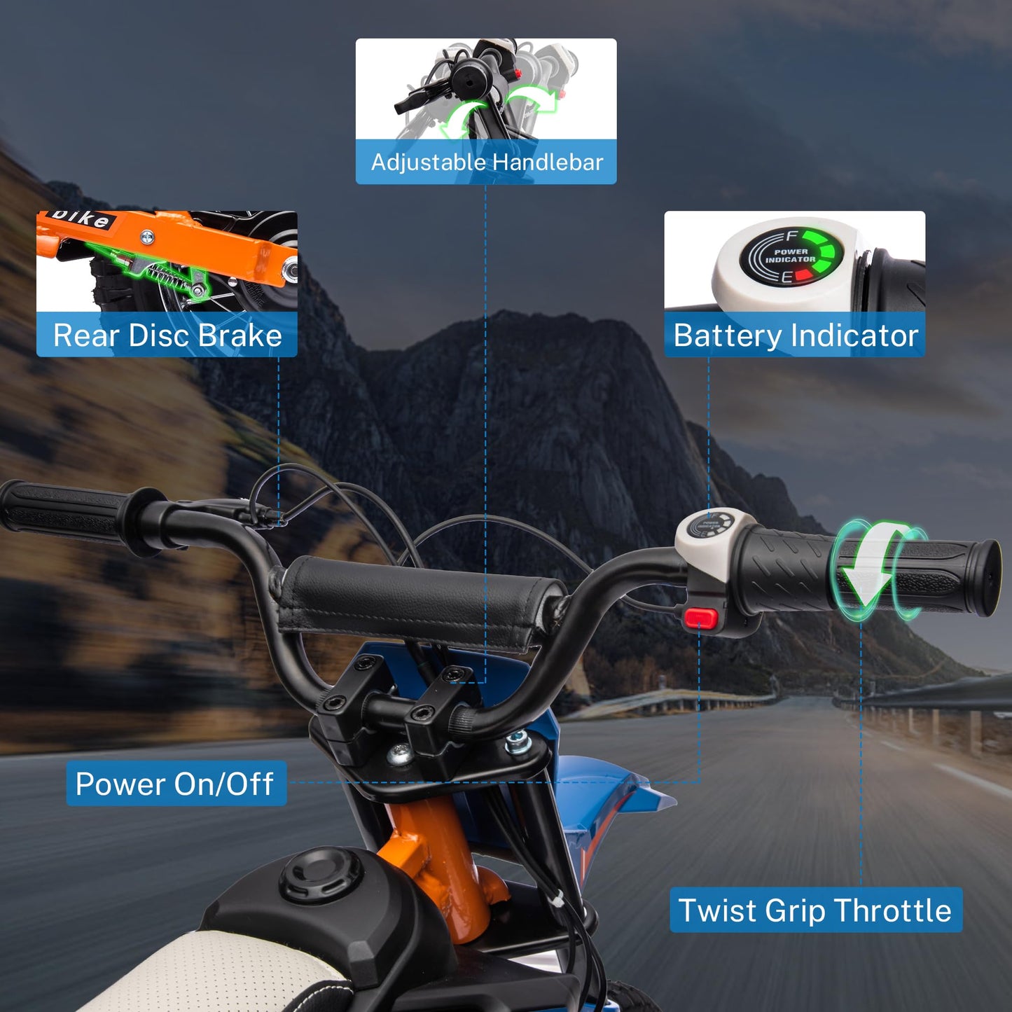 ENYOPRO 24V Electric Dirt Bike for Kids, 250W Kids Electric Motorcycle w/12.6" Air-Filled Tires, Disc Brake, Spring Suspension, Max 13.7 MPH & 8.9 Miles Long-Range, for Kid Ages 13+ (Blue & Orange)