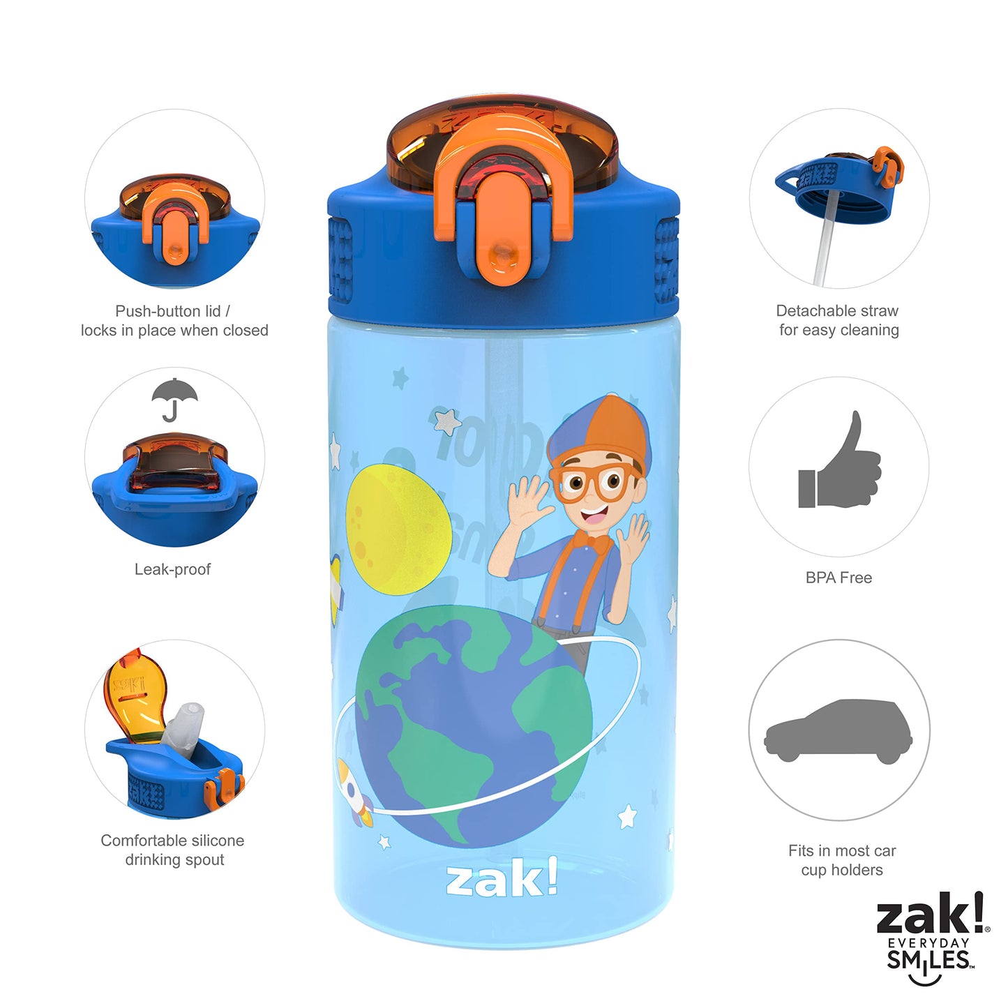 Zak Designs Blippi Kids Water Bottle with Spout Cover and Built-In Carrying Loop, Made of Durable Plastic, Leak-Proof Design for Travel (16 oz, Pack of 2)