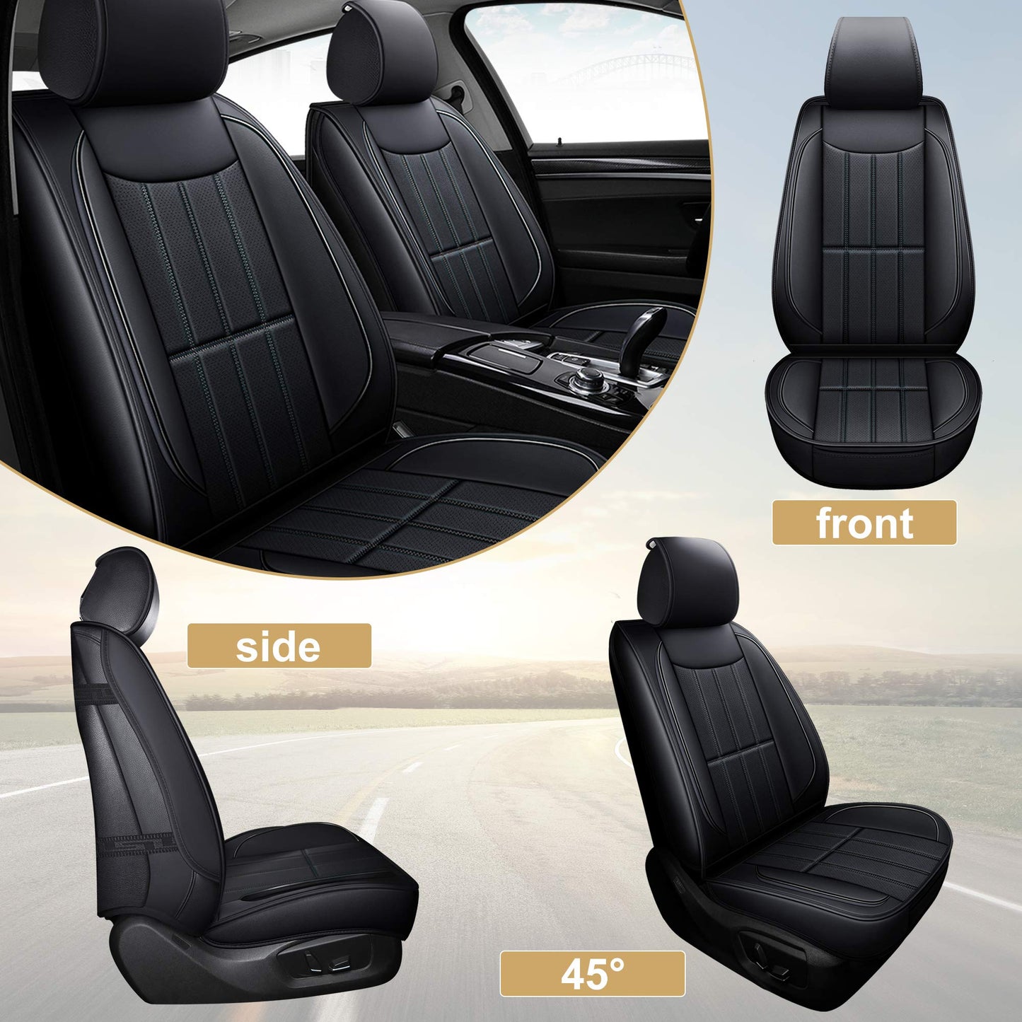 AOOG Leather Car Seat Covers, Automotive Vehicle Cushion Cover for Cars SUV Pick-up Truck, Universal Non-Slip Vehicle Cushion Cover Waterproof Protectors Interior Accessories, Full Set Black