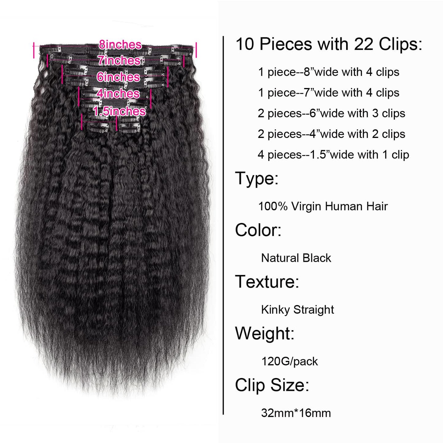 Alishow Kinky Straight Clip in Hair Extensions Real Human Hair for Black Women 20 Inch Virgin Hair Clip in Full Head Unprocessed Remy Yaki Straight Clip Ins 10pcs with 22 Clips 120 Gram Per Set
