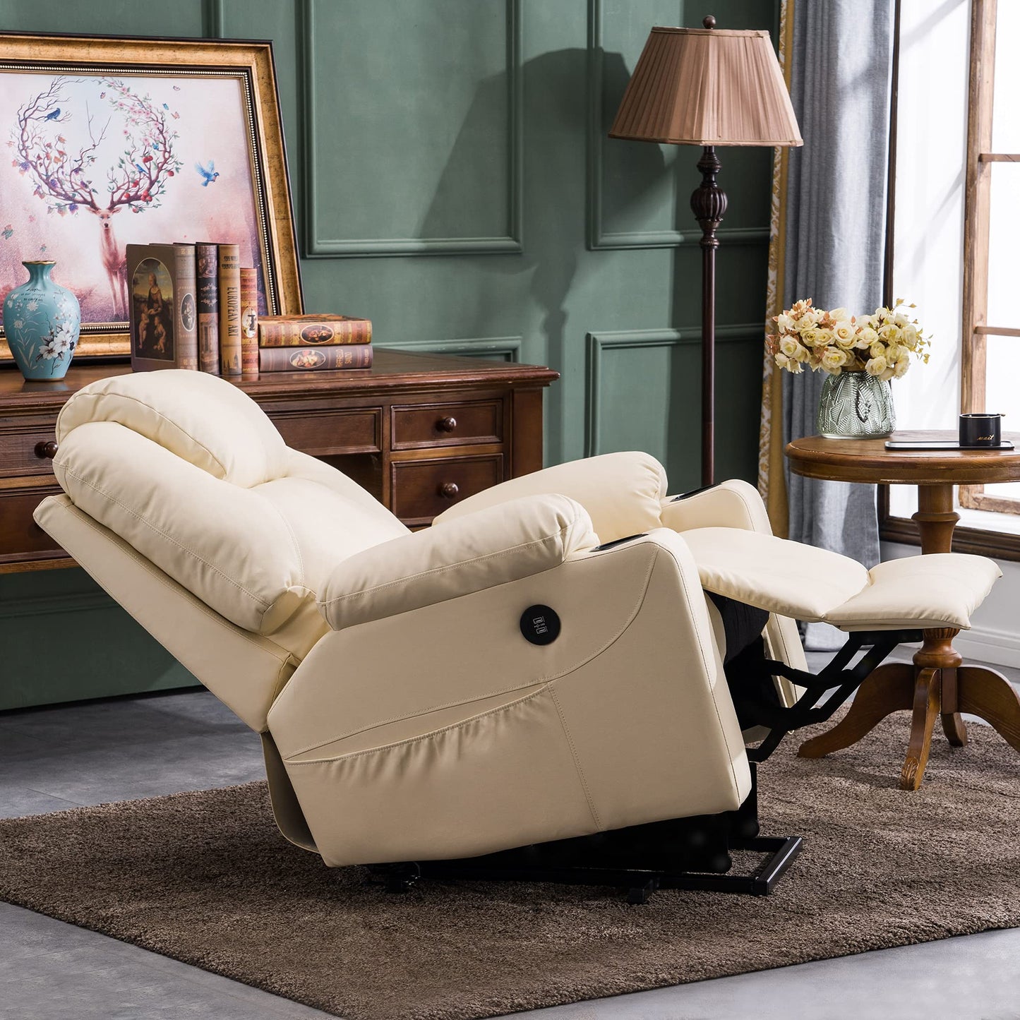 MCombo Power Lift Recliner Chair for Elderly, Lift Chair with Heat and Massage, FSC Certified, USB Ports, Cup Holders, Faux Leather 7040 (Cream White, Medium)