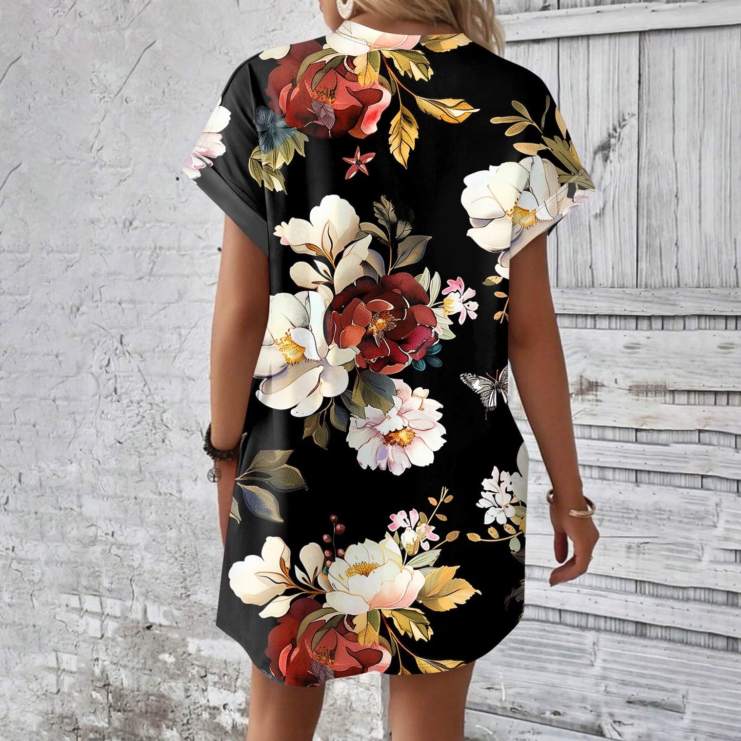 DPKLAD Comfy Dress Fashion Biker Wide Sleeve Dresses Women Spring Cropped Print Loose Fit Crewneck Ruched Cotton Stretch Tunic Dress Woman Deep Red