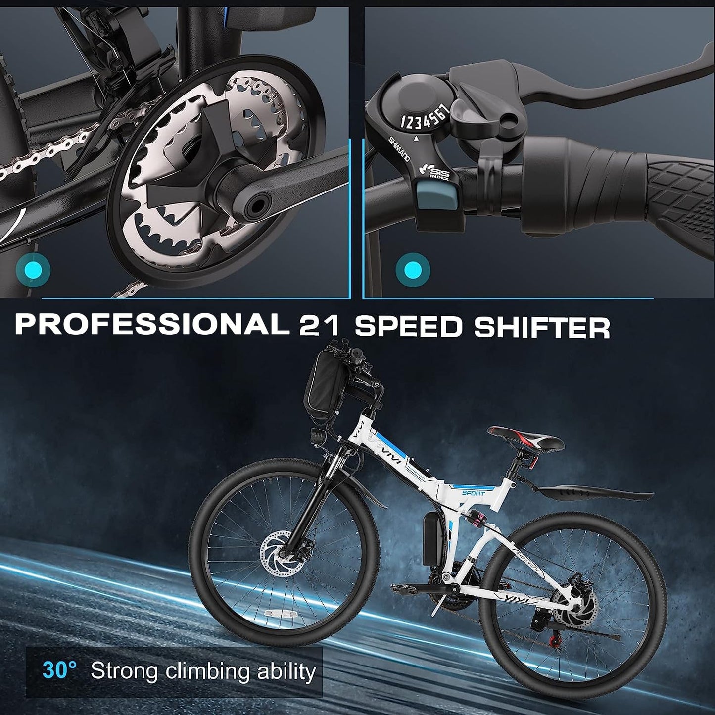 Vivi Folding Electric Bike, Electric Mountain Bike 750W Peak Motor Ebike 26'' Electric Bike for Adults with 48V Removable Battery, Professional 21 Speed, Dual Shock Absorber, LCD Display