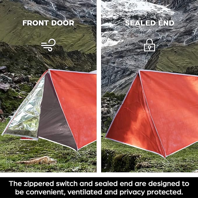 LYN Extra Large Zipper Reusable Survival Emergency Shelter Tent,Thermal Waterproof Fireproof Lightweight Bugout, with ParacordâStake for Camping,First Aid,Hiking&Bushcraft