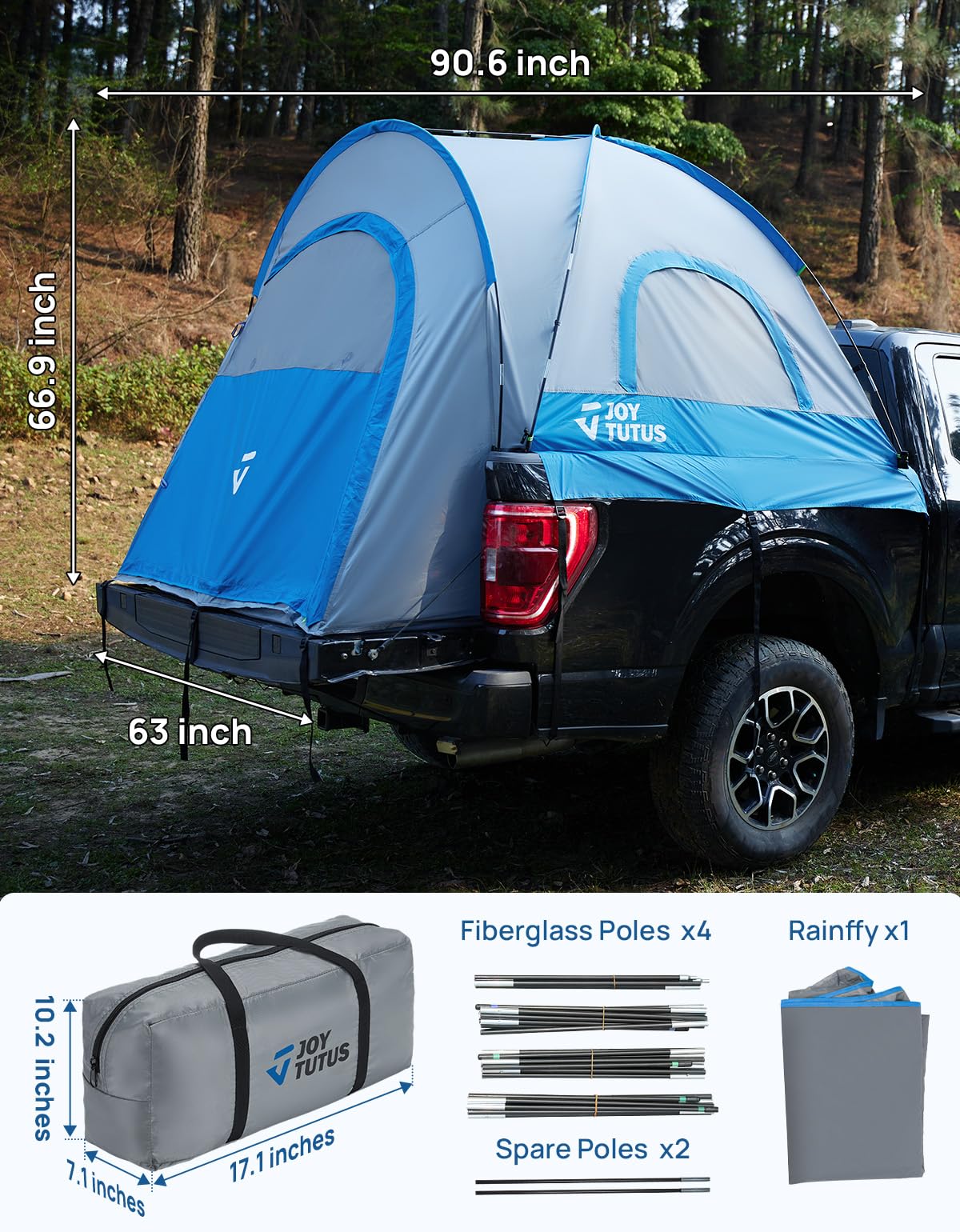 JOYTUTUS Truck Tent, Portable Truck Bed Tent for 5.5'-5.8' with Rainfly, Truck Tent with Fiberglass Pole, Waterproof PU2000mm Double Layer for 2 Person - Blue