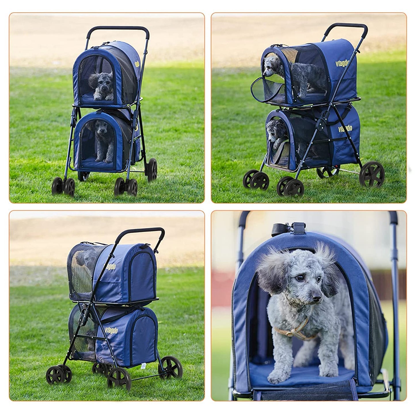 VIAGDO Dog Strollers for Small Medium Dogs, Double Cat Strollers for 2 Cats, 4-in-1 Small Doggy Pet Stroller, 2 Detachable Carriers, 4 Lockable Wheels, Pet Travel Cart, Folding Trolley, Navy Blue