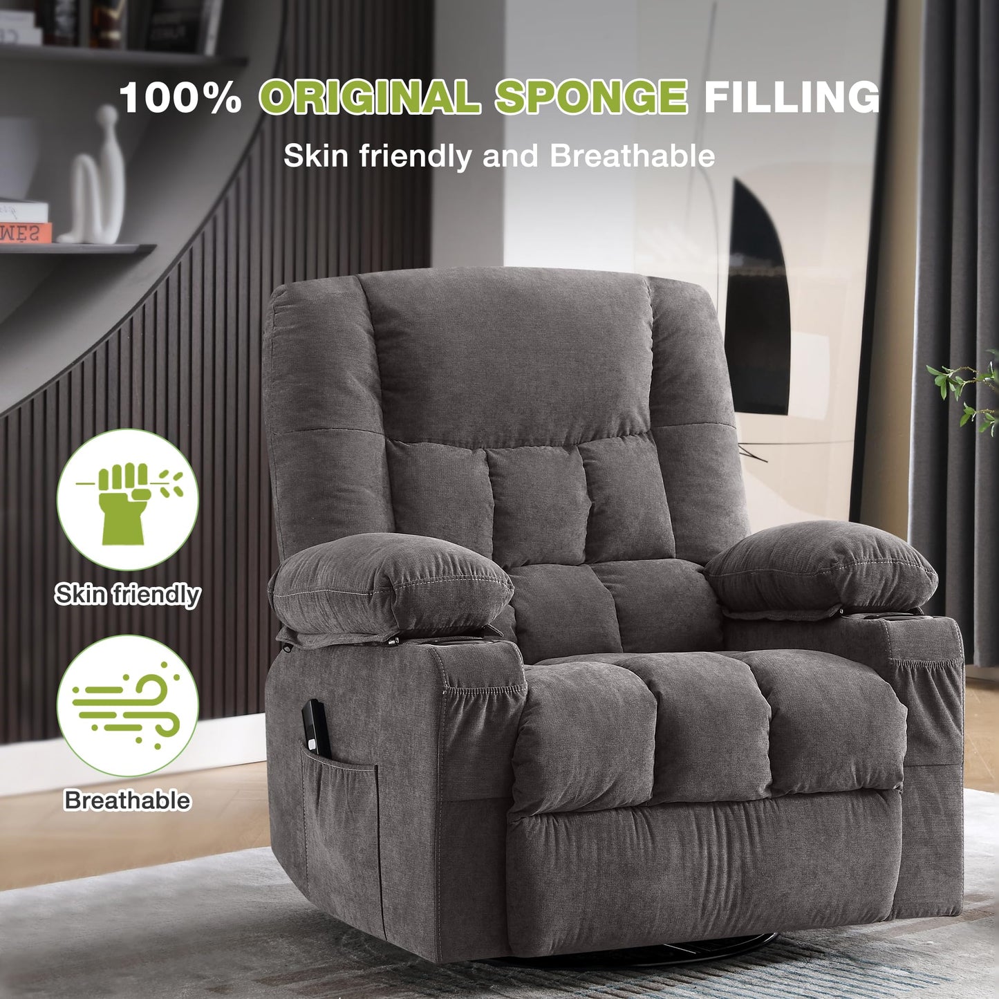 Power Swivel Recliner Chair with Ergonomic for Adults, Oversized Recliner Single Sofa with Rocking Function, Side Pocket, Two Cup Holders and Remote Control for Living Room