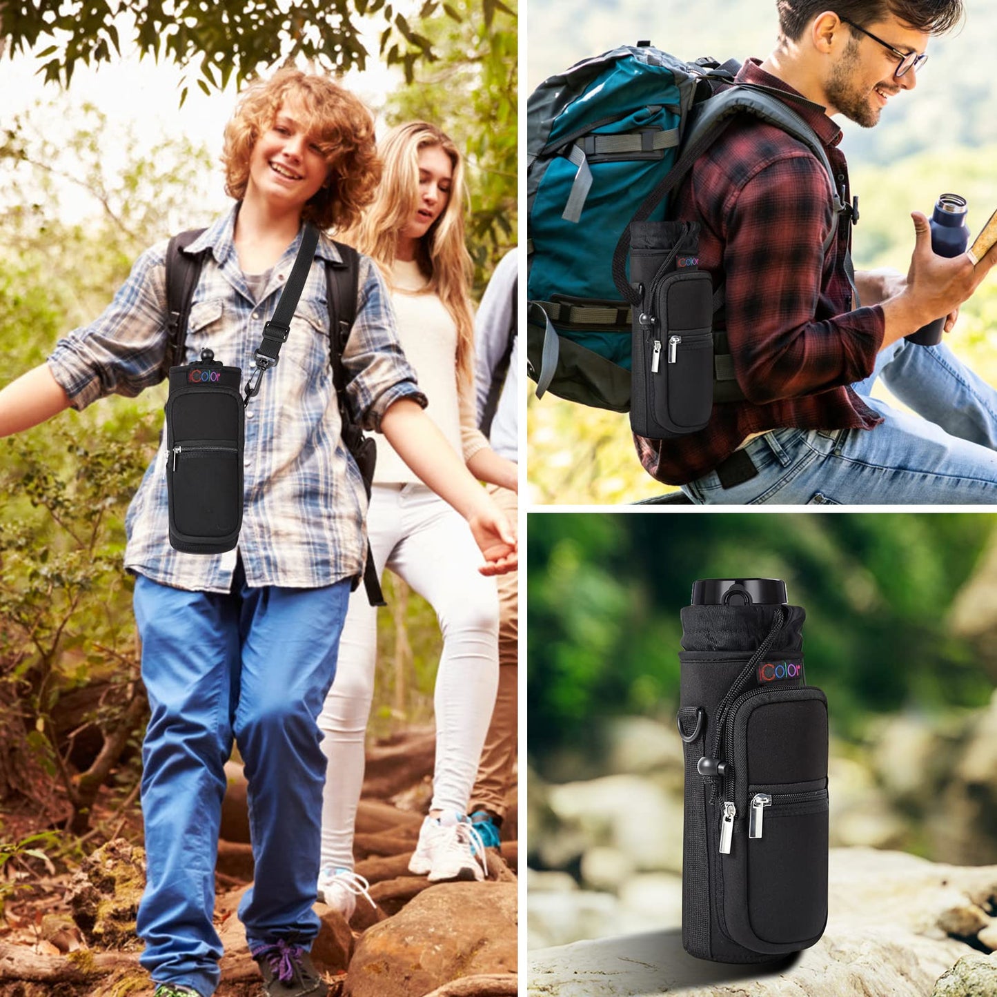 icolor Water Bottle Carrier Bag Holder 25/32/40/64oz,Adjustable Padded Shoulder & Handle Strap Sports Sling Hiking Pack,Insulated Neoprene Wide Mouth Bottle Sleeve