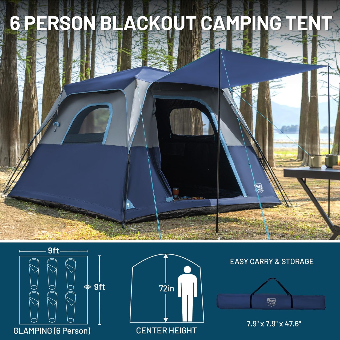 TIMBER RIDGE 5-6 Person Blackout Camping Tent, 60s Easy Setup Instant Cabin Tent for Family with Rainfly, Water-Resistant, 9' x 9' x 72" for Outdoor Adventures Gatherings