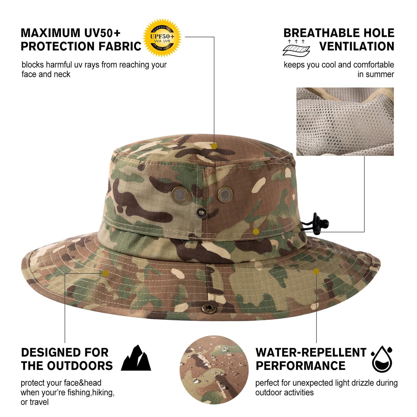 Comhats UPF 50 Sun Hats for Men Wide Brim Summer Safari Fishing Hiking Boonie Waterproof Camo Army Green Medium Large M L Oversized