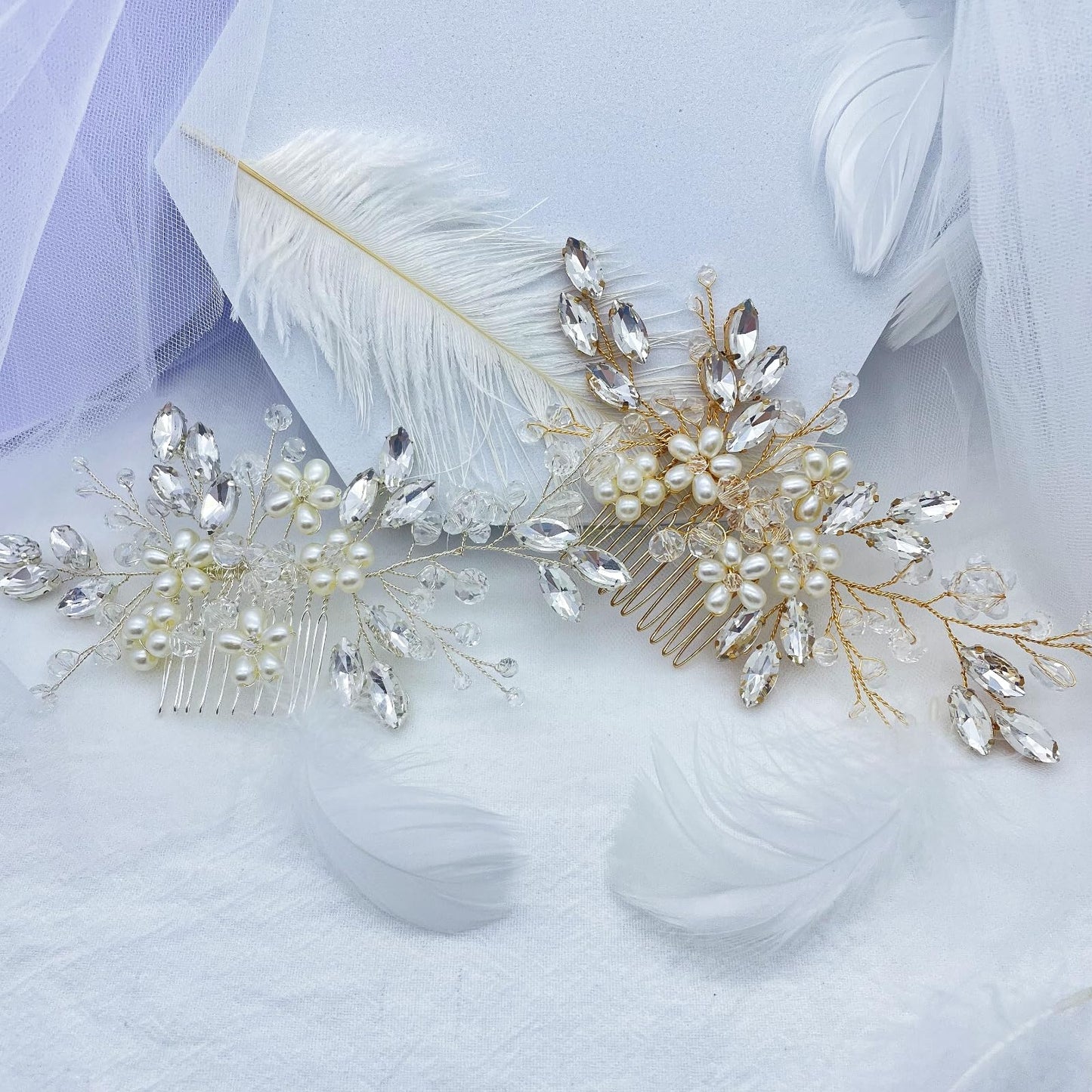 MirthCity Hair Comb, Bride Wedding Hair Piece with Pearl Flower Bead, Handmade Rhinestone Leaf Flower Girl Hair Accessories for Women, Gold