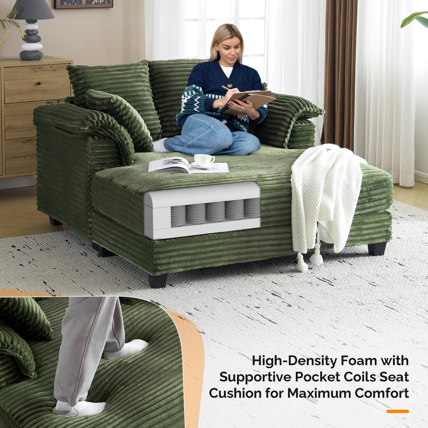 VINGLI Lounge Chair, 56" Oversized Reading Chair Corduroy Chaise Sofa Recliner Bed Upholstered Comfy Sleeper Couch with Throw Pillows and Armrests for Living Room, Movie Room, Bedroom