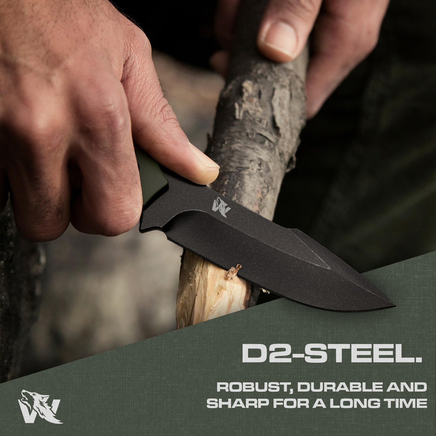 ODENWOLF AMBULO Fixed Blade Survival Knife with Kydex Sheath and Fire Starter - Bushcraft Knife Full Tang - Made of strong D2 Steel - Hunting Knife with Belt Loop and G10 Handle - Full Tang Knife