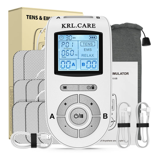 KRL.CARE Dual Channel TENS EMS Unit 40 Intensities for Gradual Pain Relief Therapy, 24 Modes Muscle Stimulator, Electronic Pulse Massager with 8 Pads, Dust-Proof Drawstring Storage Bag