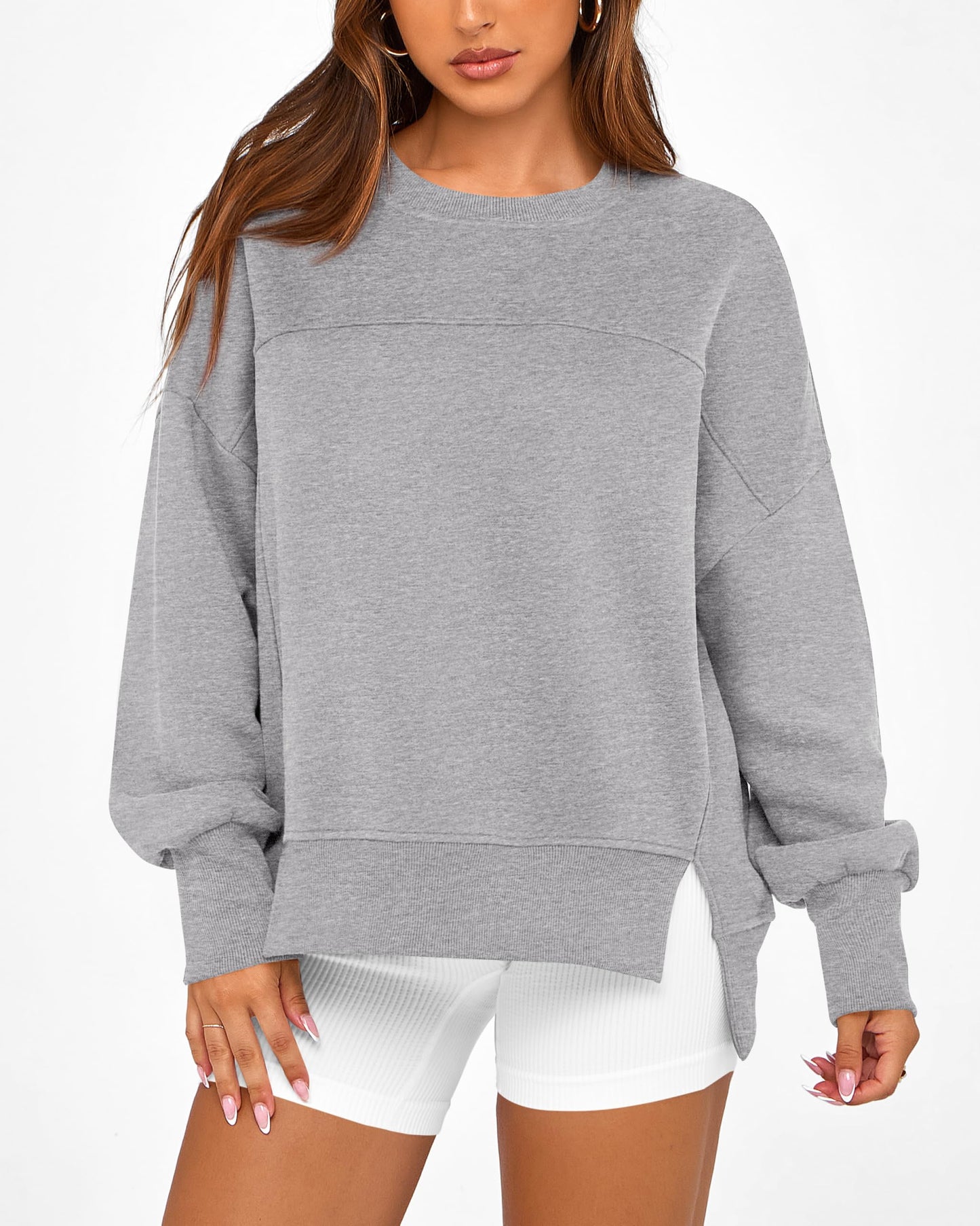 BTFBM Women's Casual Crewneck Sweatshirts 2024 Fall Winter Clothes Long Sleeve Side Slit Workout Fleece Pullover Tops(Grey, Medium)