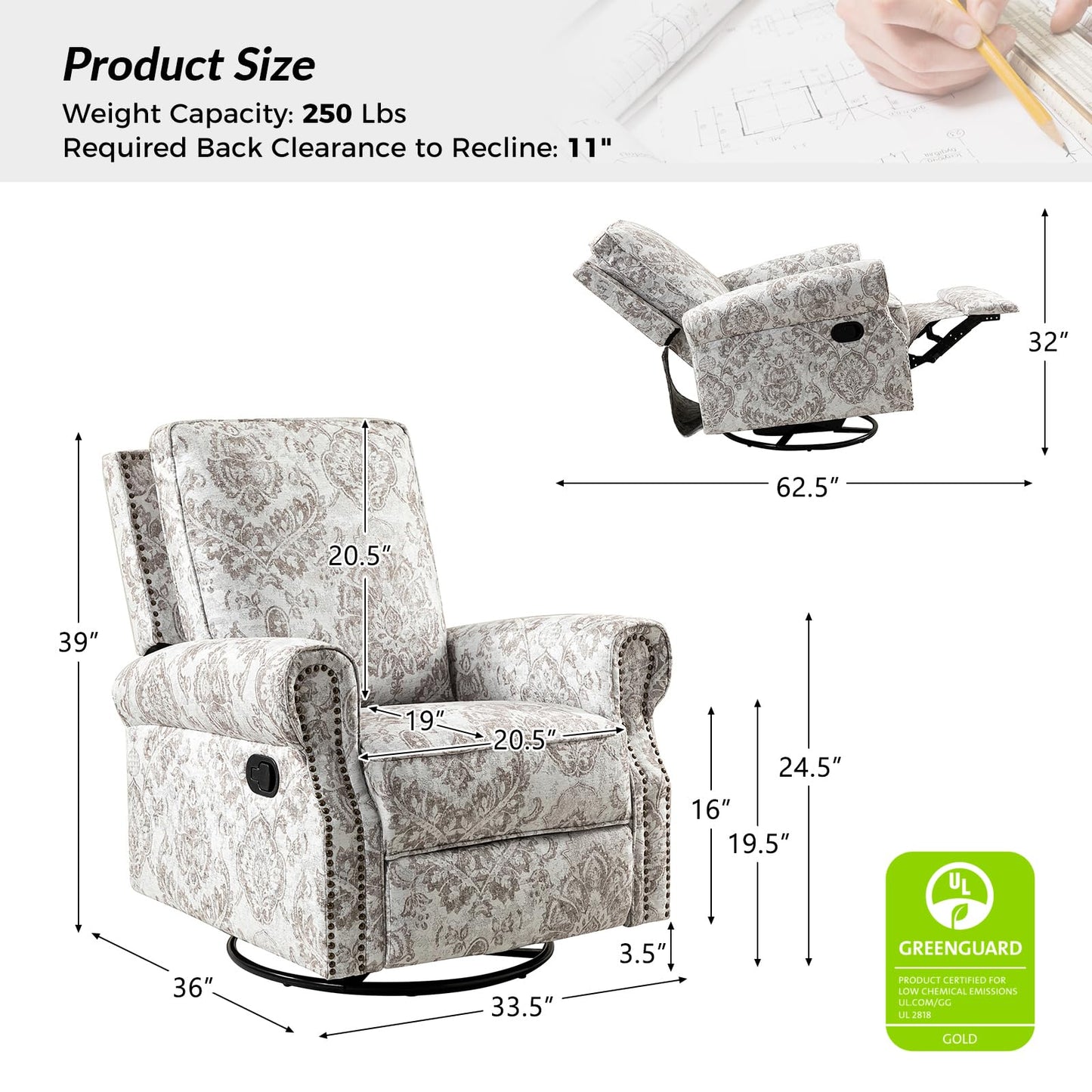 HULALA Home Swivel Rocker Recliner Set of 2, Modern Printed Fabric Swivel Recliner Chair for Adults Glider with Adjustable Backrest & Footrest, Beige