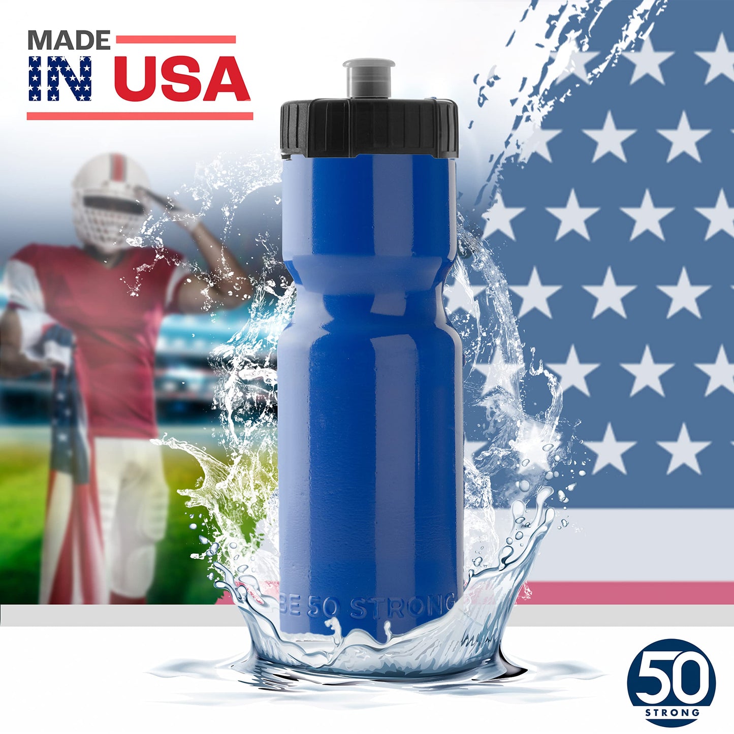50 Strong Sports Squeeze Water Bottle 2 Pack – 22 oz. BPA Free Easy Open Push/Pull Cap – USA Made (Blue/Black)