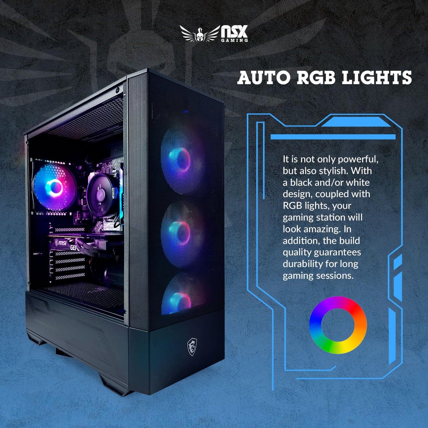NSX GAMING Tomcat Desktop Pc Ryzen 5 5500, RTX 3050 6GB, (2 * 8GB) 16 Gb RAM 3600 RGB, SSD 480GB M.2 NVME, W11, WiFi Ready, Mouse and Keyboard, 1 Year Manufacturer