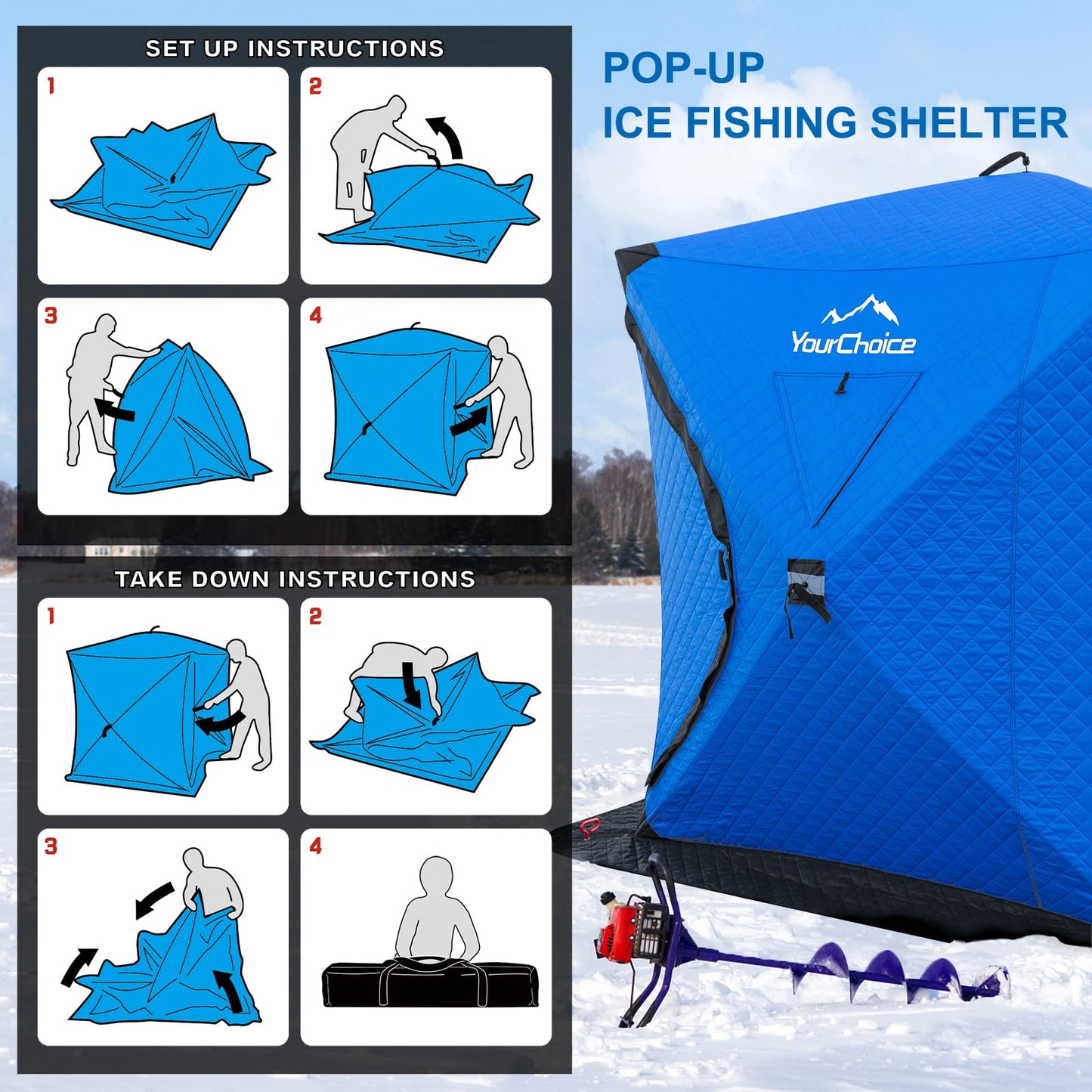 Your Choice Pop Up 3-4 Person Ice Fishing Shelter, Fully Insulated Ice Fishing Shelter, with Insulated Layer to Windproof and Warm Ice Fishing Tent, Ice Fishing Gear and Equipment - Color Blue