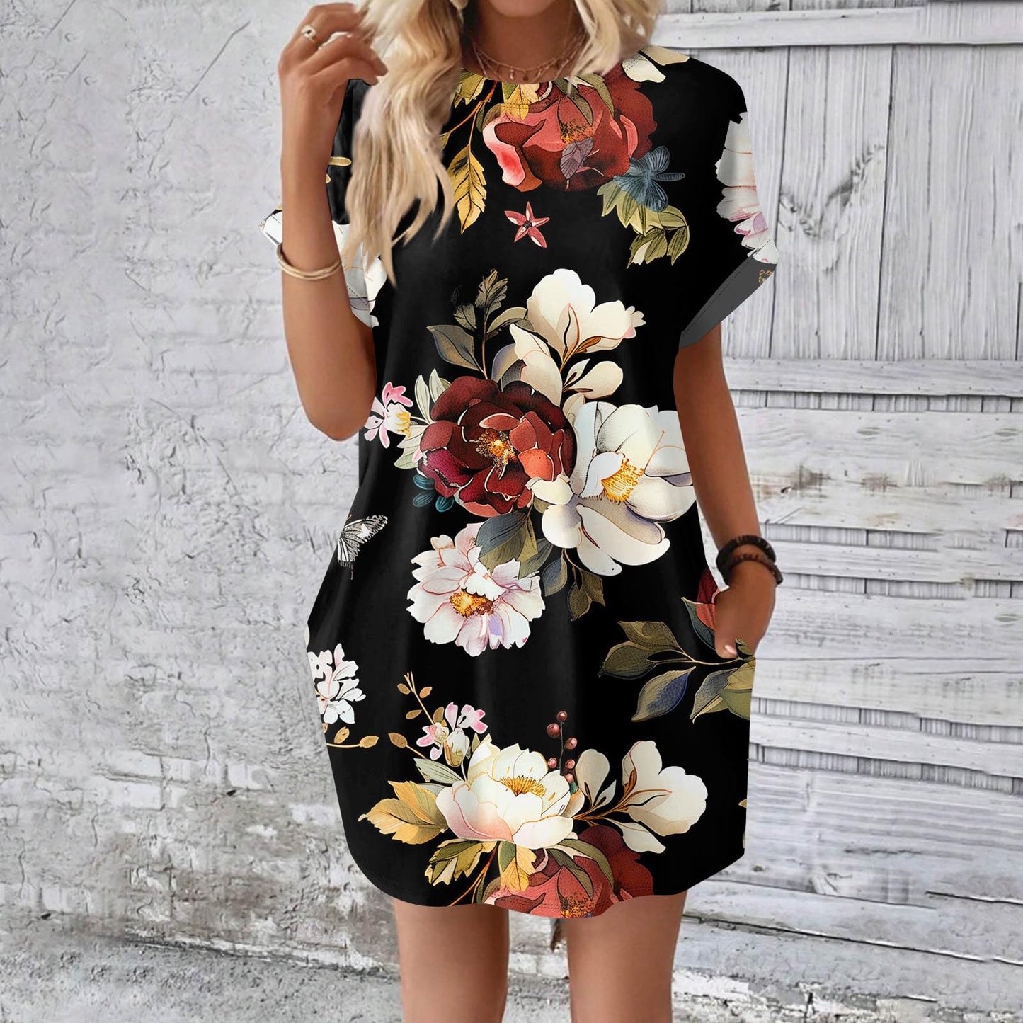DPKLAD Comfy Dress Fashion Biker Wide Sleeve Dresses Women Spring Cropped Print Loose Fit Crewneck Ruched Cotton Stretch Tunic Dress Woman Deep Red