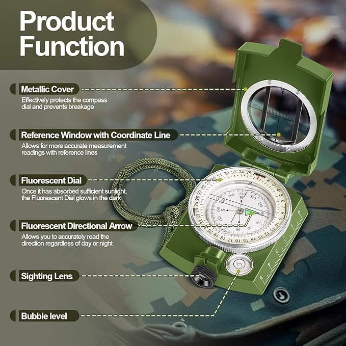 Compass Hiking Survival Military Grade for Hiking, Camping, Map Navigation, Showjockey Waterproof Lensatic Tactical Survival Compass with Pouch & Lanyard, Lightweight