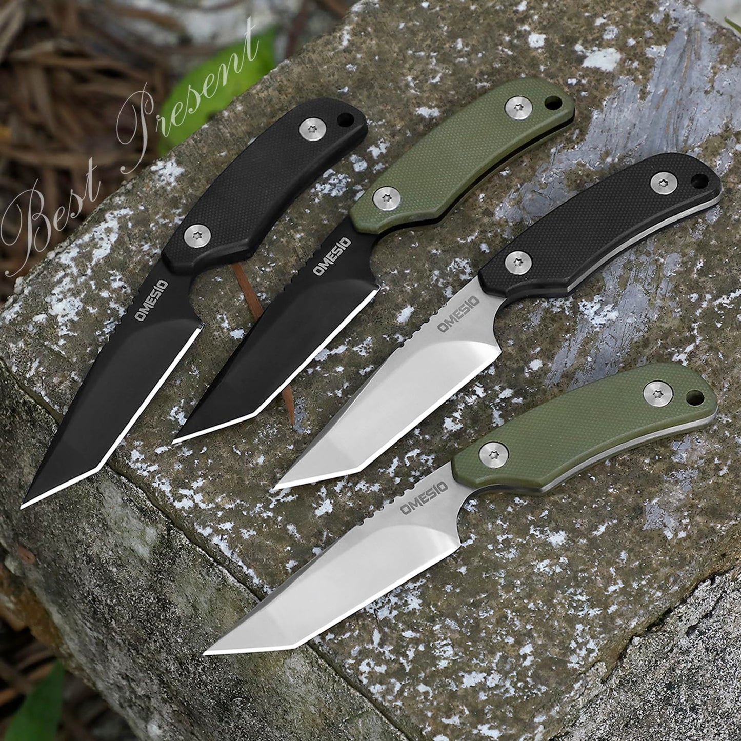 Omesio Tanto Neck Knife, Small Fixed Blade Knife with Kydex Sheath and Clip, Full Tang 6" Neck Knife with Sheath and Necklace, Mini Tactical EDC Knife D2 Steel G10 Handle(Black Steel+ Green Handle)