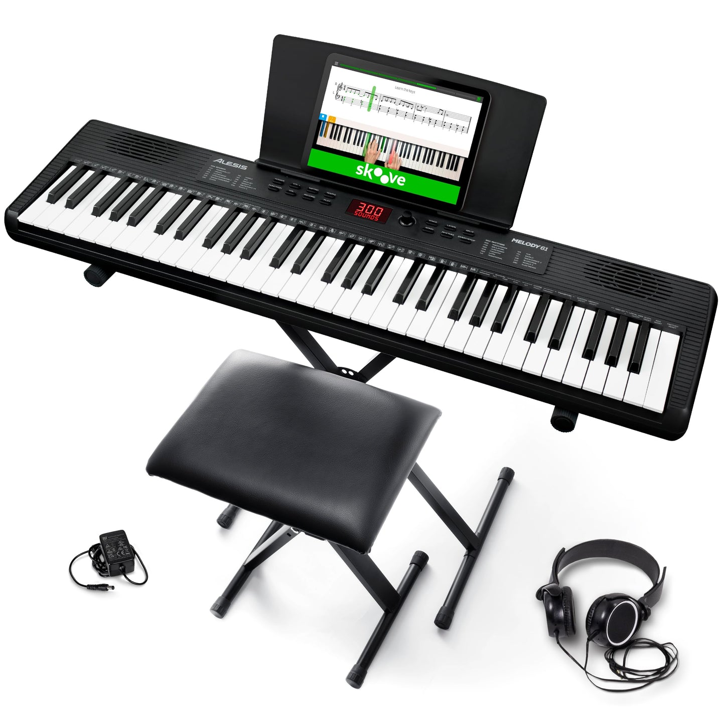 Alesis Melody 61 MK4 Keyboard Piano for Beginners with 61 Keys, Speakers, Stand, Bench, Headphones, Tablet/Sheet Music Stand, 300 Sounds and Music Lessons