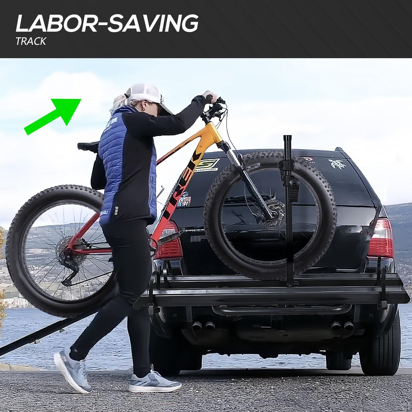 EYOUHZ 2 EBike Rack with Ramp, up to 5" Fat Tire Bike Carrier, 200 LBS Capacity Bike Racks, Lockable & Foldable Electric Bicycle Holder Platform for Standard, Fits 2" Hitch for SUVs Vans Trucks Cars
