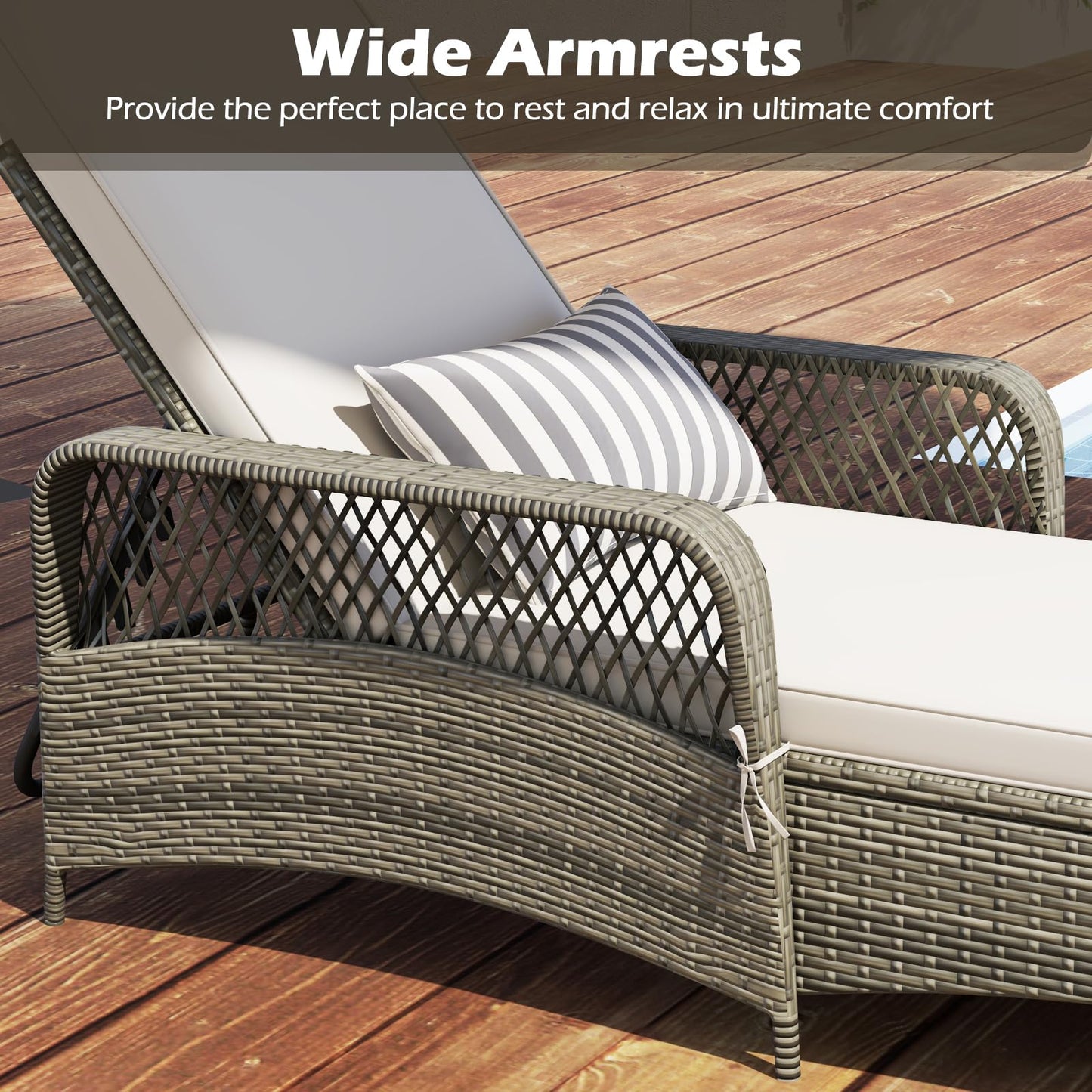 Toolsempire Wicker Chaise Lounge Chair Set of 2, Patio Rattan Recliner with 6-Position Adjustable Backrest, Soft Cushions, Removable Lumber Pillow & Armrests, Lounger Chair for Poolside & Backyard
