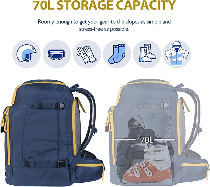 Unigear Ski Boot Bag, 70L Ski Boot Travel Backpack for Ski Helmet, Goggles, Gloves, Skis, Snowboard & Accessories(Blue)