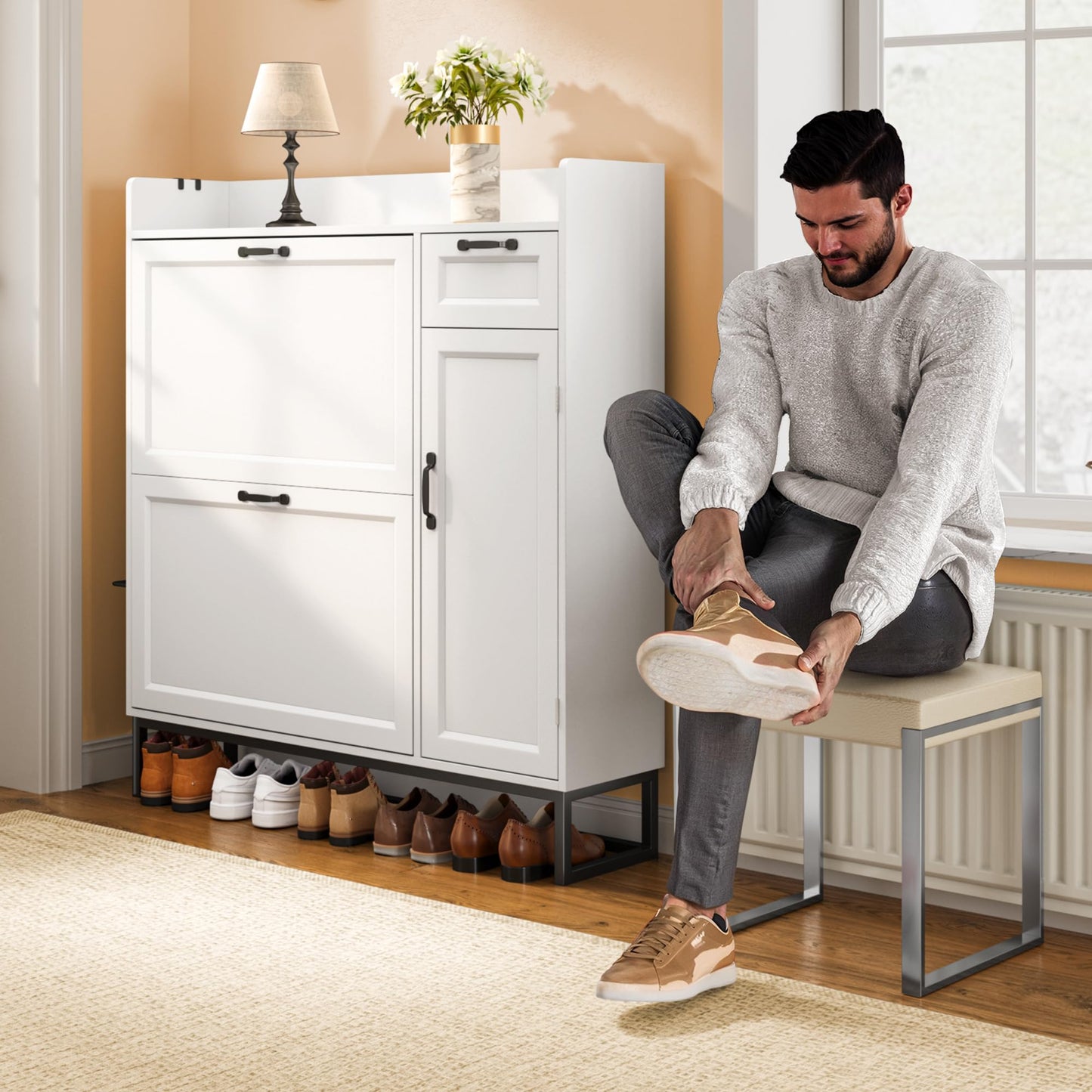 Ahomly 42" White Shoe Cabinet - 2 Flip Drawers (Adjustable), Side Cabinet, Storage Drawer & Open Top - Side Hooks for Shoes & Accessories - Space-Saving Entryway/Hallway Organizer