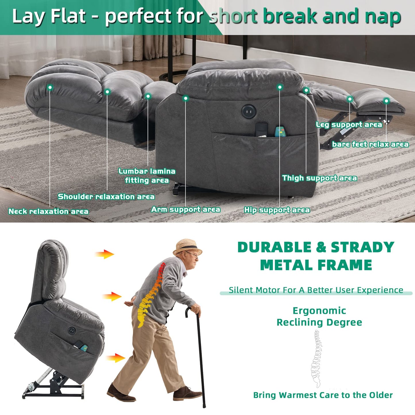 VIVIJASON Large Dual OKIN Motor Lay Flat Sleeper Lift Recliner Chair with Heat & Massage for Elderly, Infinite Position Electric Power Recliner with 2 Remote Controls, Side Pockets & USB Ports, Gray