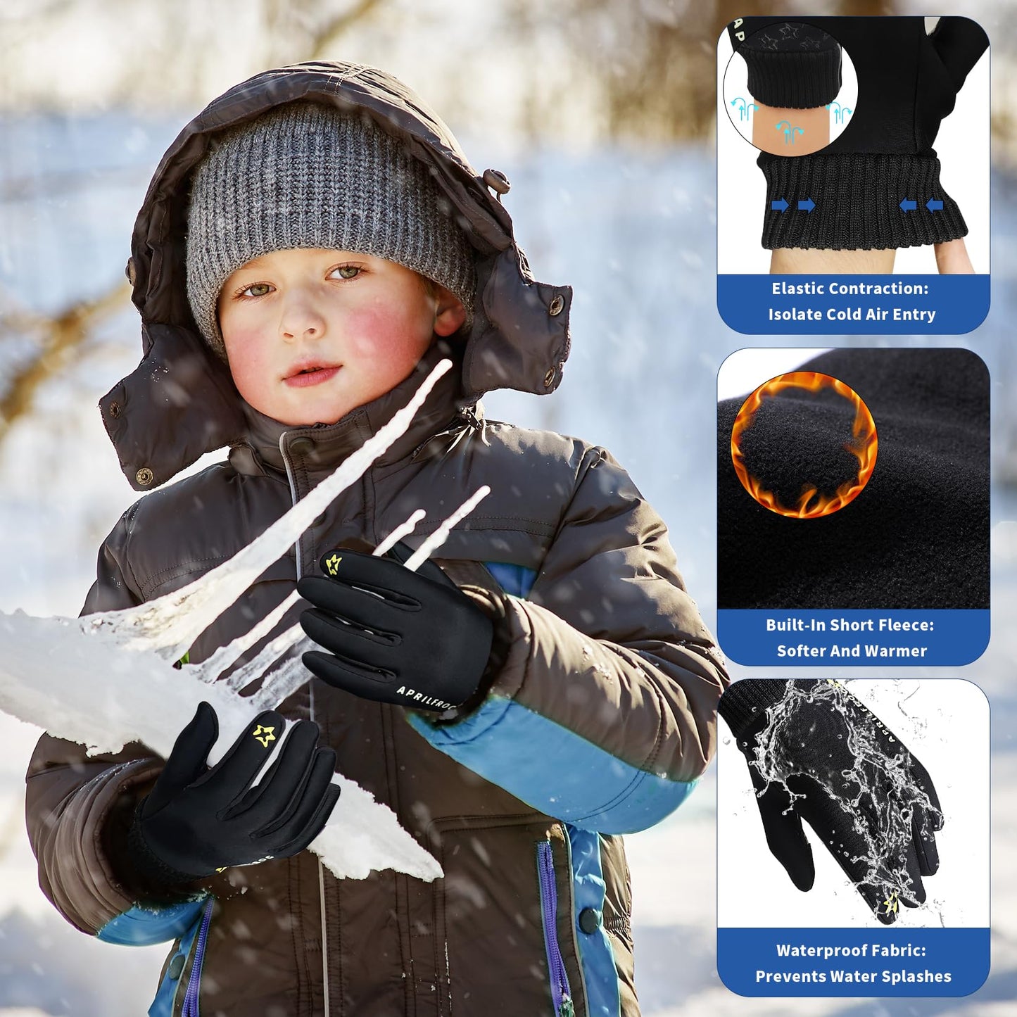 Aprilfrog Winter Kids Warm Sports Gloves: Cold Weather Water-Resistant Touchscreen Fleece Soft Lining Children Outdoor Mittens for Boys Girls Aged 4-12 Black Large
