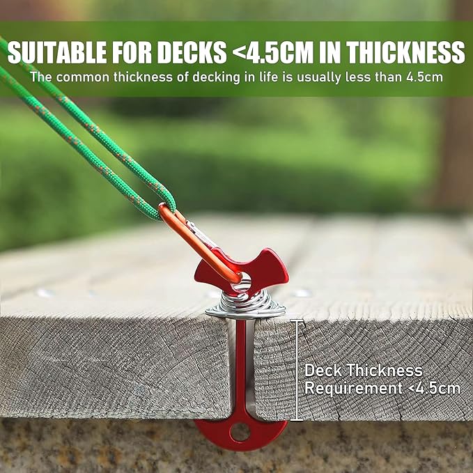 TOBWOLF 10PCS Red Deck Anchor Pegs with Carabiners, Windproof Aluminum Deck Tie Down Spring Tent Stakes, Camping Outdoor Fishbone Tent Anchors Tent Rope Tensioner Guyline Cord Adjuster Tent Pegs