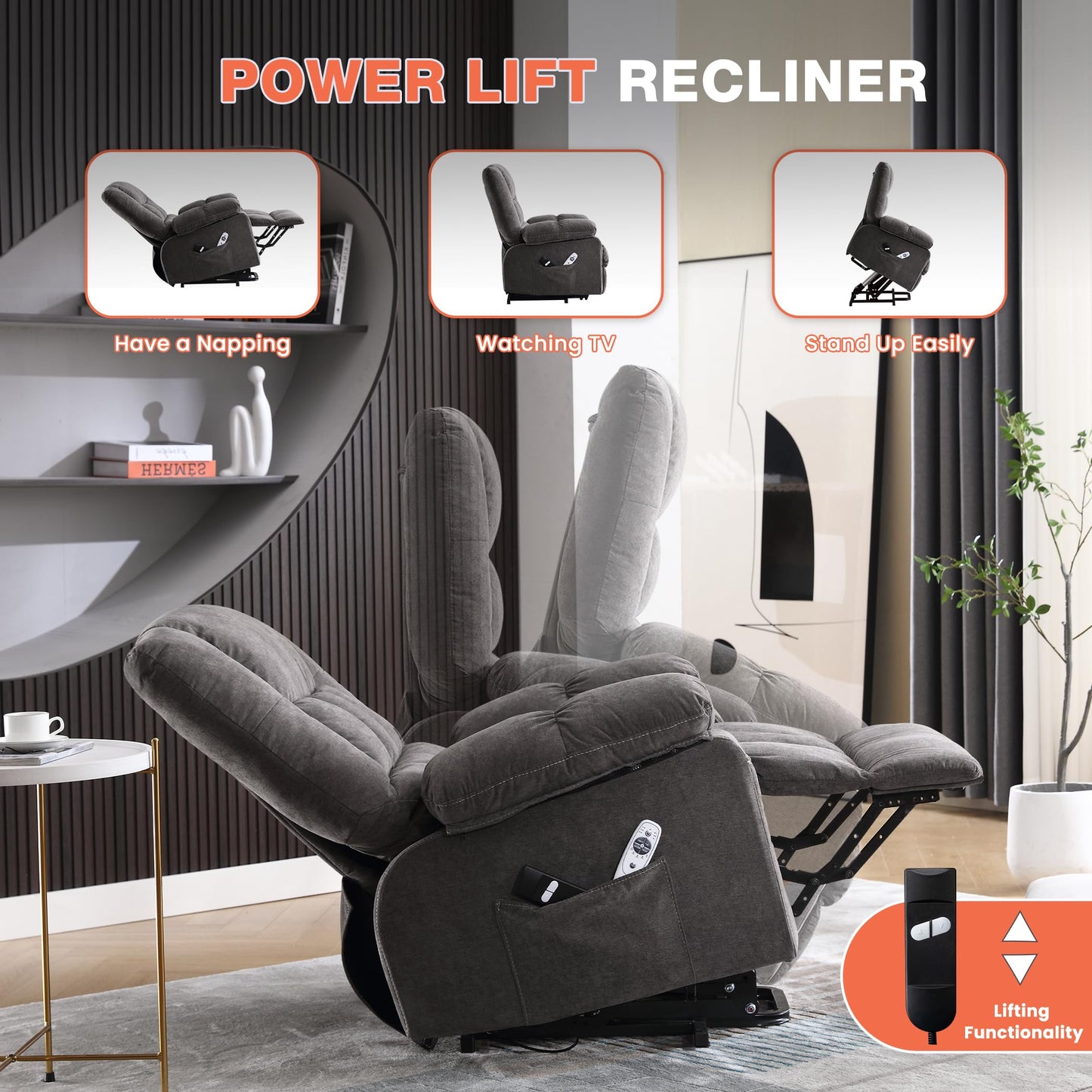 BOSMILLER Power Lift Recliner Chair with Vibration Massage and Lumbar Heating for Elderly, Electric Lift Recliner Single Sofa with Side Pocket and USB Charge Port for Living Room
